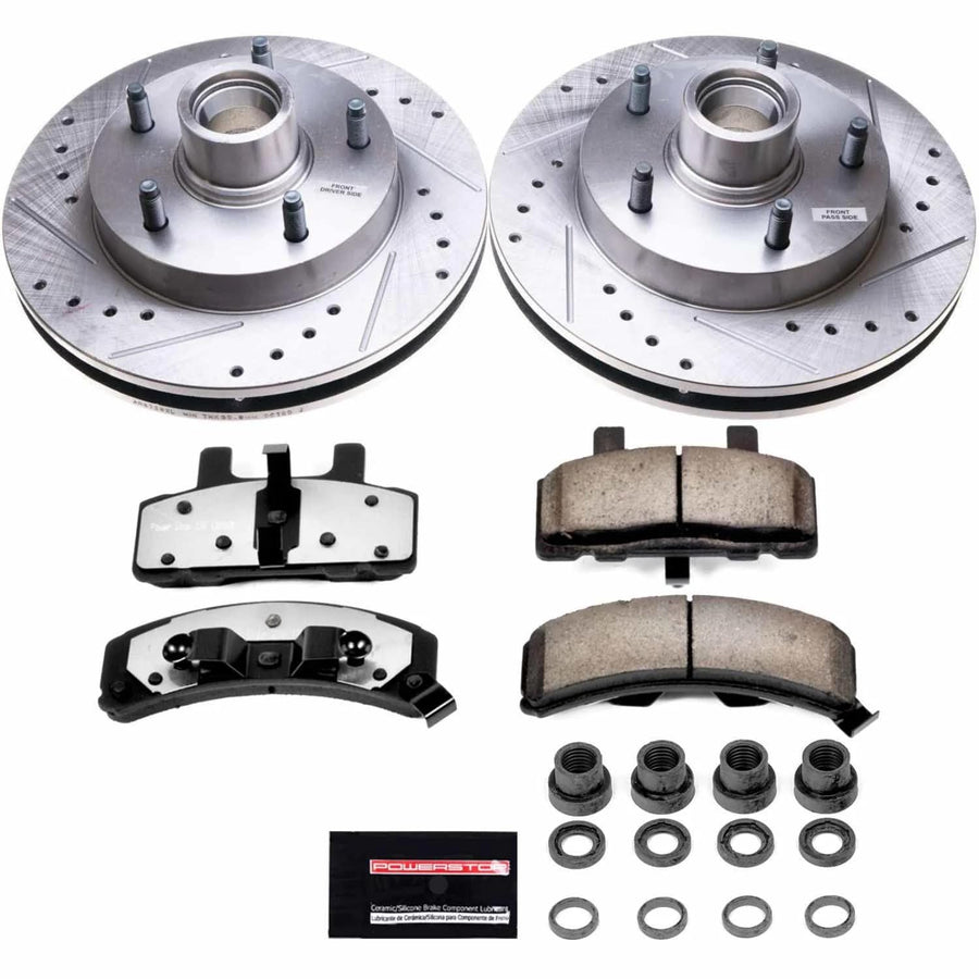 Power Stop Front Brake Kit For 1994 1995 1996 1997 1998 1999 Dodge Ram 1500 - Carbon Fiber Ceramic Brake Pads & Truck & Tow Drilled and Slotted Rotors Replacement, K4875-36
