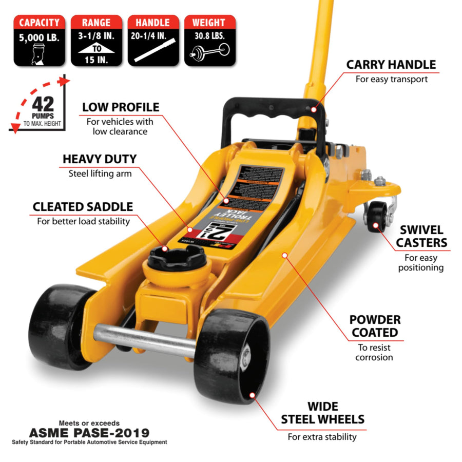 2-1/2 Ton Performance Tool Low-Profile Trolley Jack, Flanged, Powder-Coated Steel, Swivel Wheels, Carry Handle, Portable, Yellow/Black