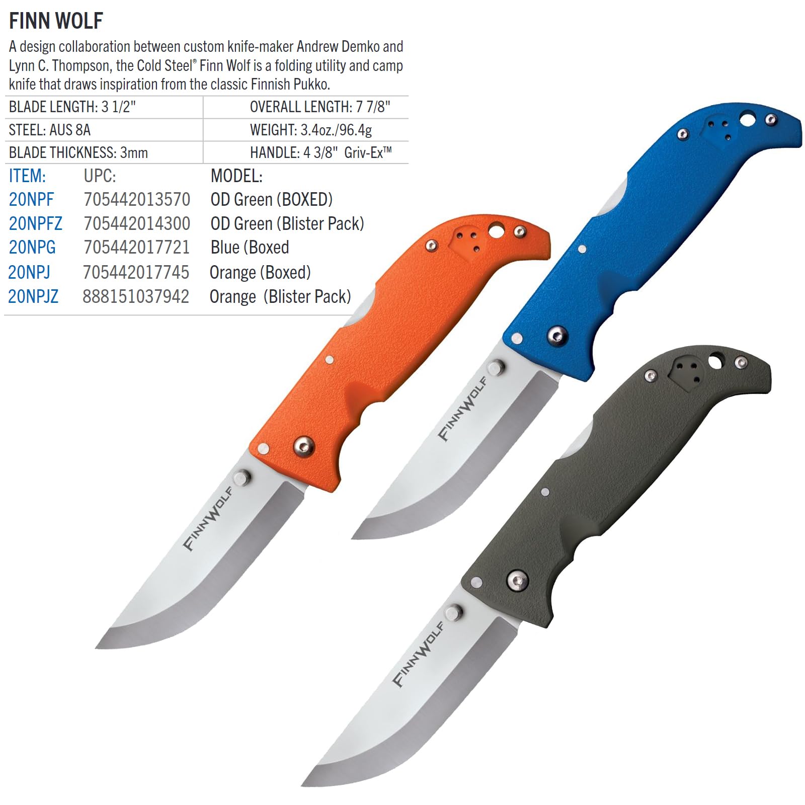 COLD STEEL 3.5in Finn Wolf AUS8A Razor-Sharp Straight Back Blade 4.375in Griv-Ex OD Green Handle Hunting Folding Knife, Boxed