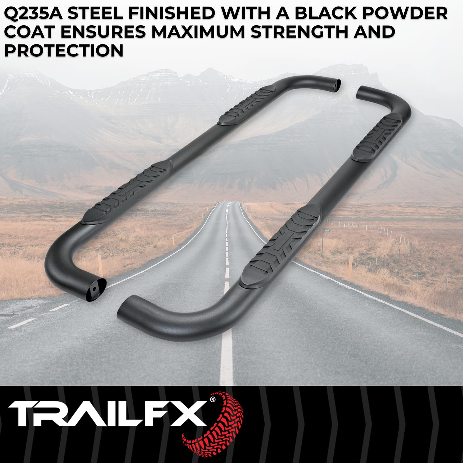 4 Inch TrailFX Oval Bent Nerf Bars with Step Pads Fits 2024–2025 Toyota Tacoma Matte Black Powder-Coated Steel, Welded End Caps Rocker Panel Mount, Bolt On Install A1019T