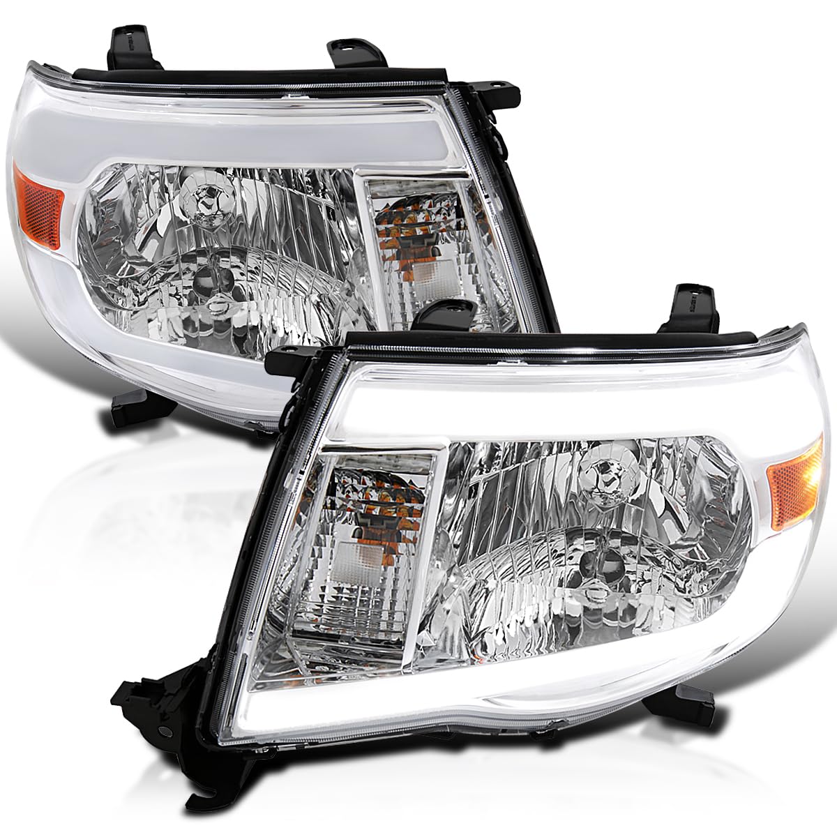 Chrome Headlights w/LED Tube SPEC-D TUNING Compatible with 2005-2011 Toyota Tacoma, Left + Right Pair Headlamps Assembly