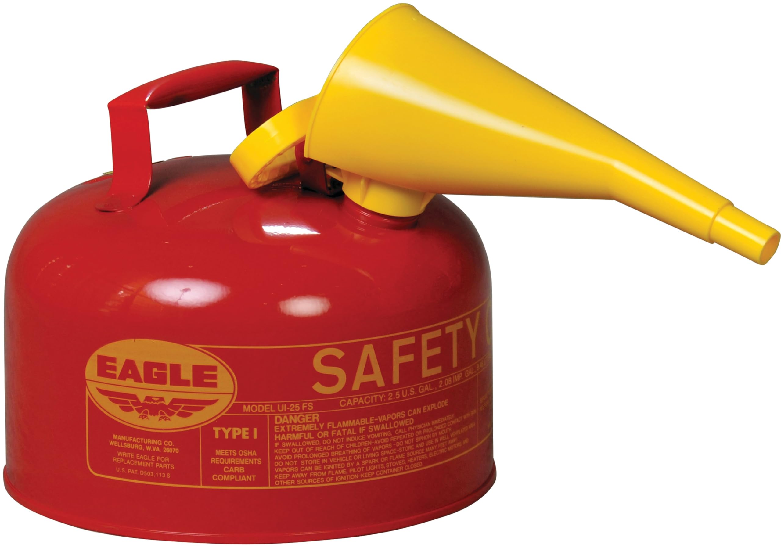 2.5 Gallon Eagle Type I Red Safety Gas Can for Gasoline with Flame Arrester, Self-Closing Lid, and F-15 Funnel, Made in the USA, Galvanized Steel Flammable Storage Can, UI25FS
