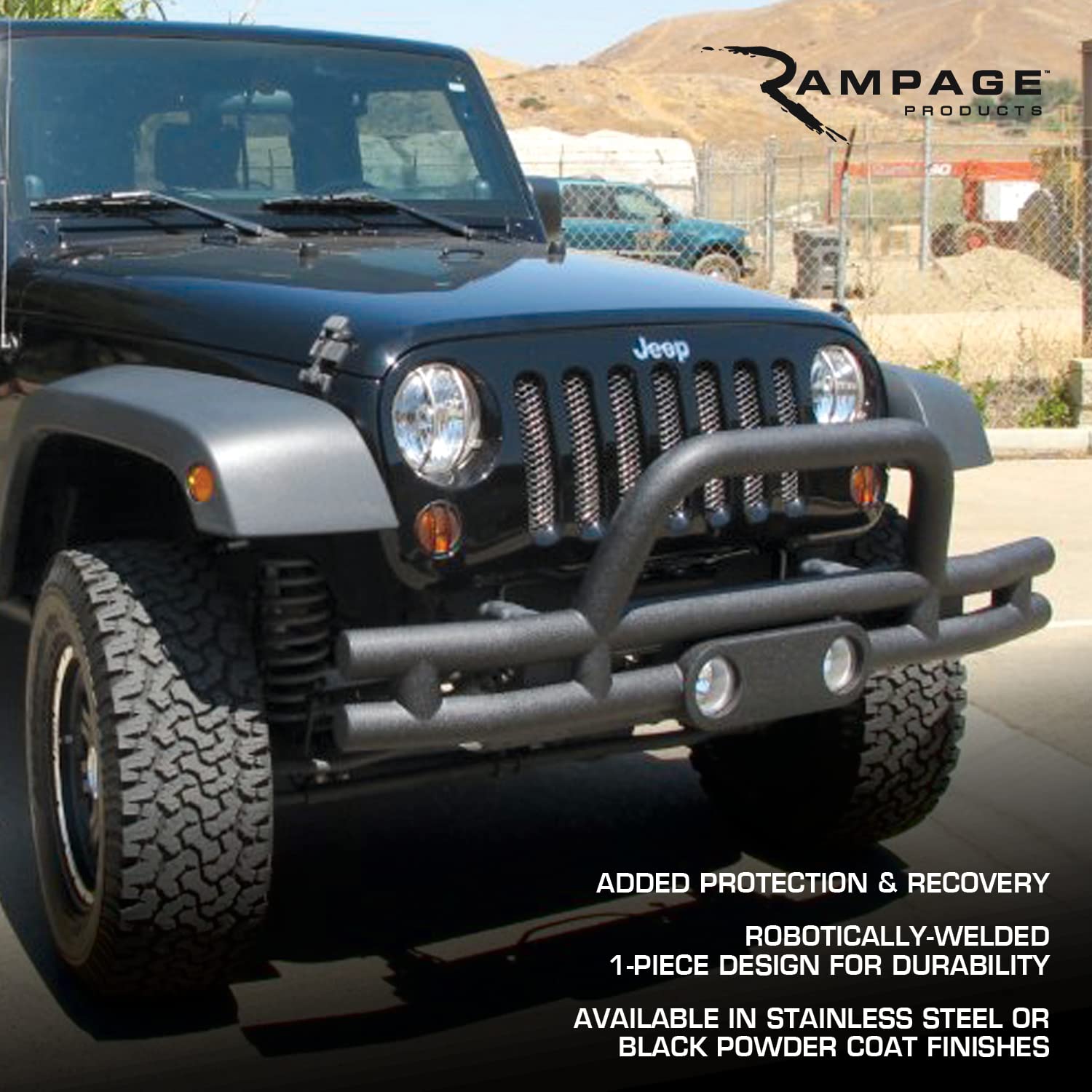 Double Tube Front Bumper RAMPAGE PRODUCTS for Jeep Wrangler JK/JL | Stinger, Light Pod, Steel, Black | 88625 | Fits 2018-2025 Wrangler JL/JLU / 2007-2018 Wrangler JK/JKU / 2020-2025 Gladiator JT