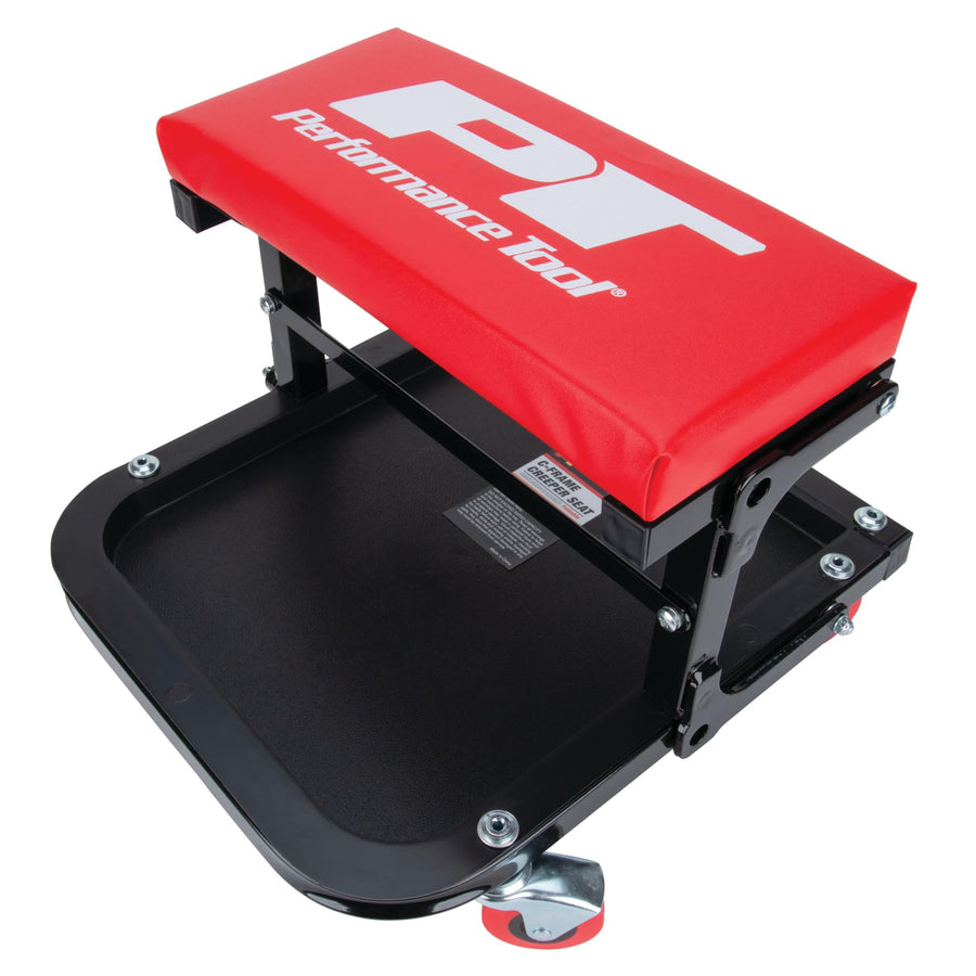 Folding C-Frame Creeper Performance Tool W85021 Rolling Work Seat with Tool Tray for Mechanic Garages and Workshops, Black/Red, 12.5-inch Height