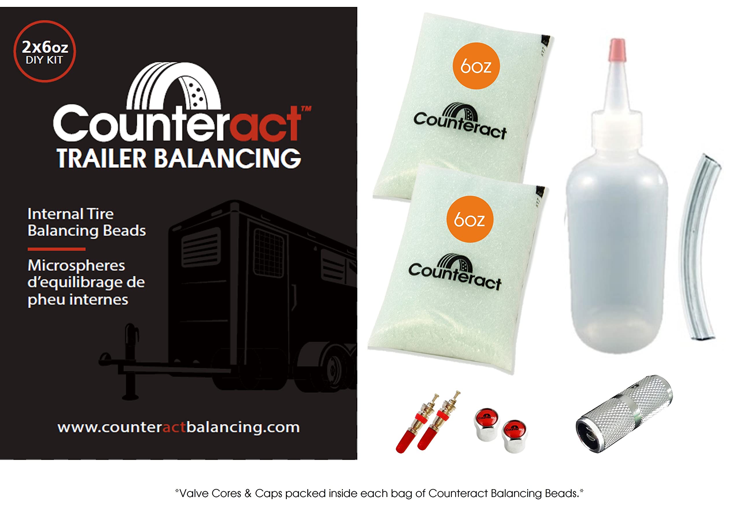 DIY Tire/Wheel Balancing Beads Kit Counteract DIYTK6-2 – for All Trailers, Includes (2) 6oz Bead Bags, (2) Valve Caps & Cores, (1) Core Remover, & Injector Bottle