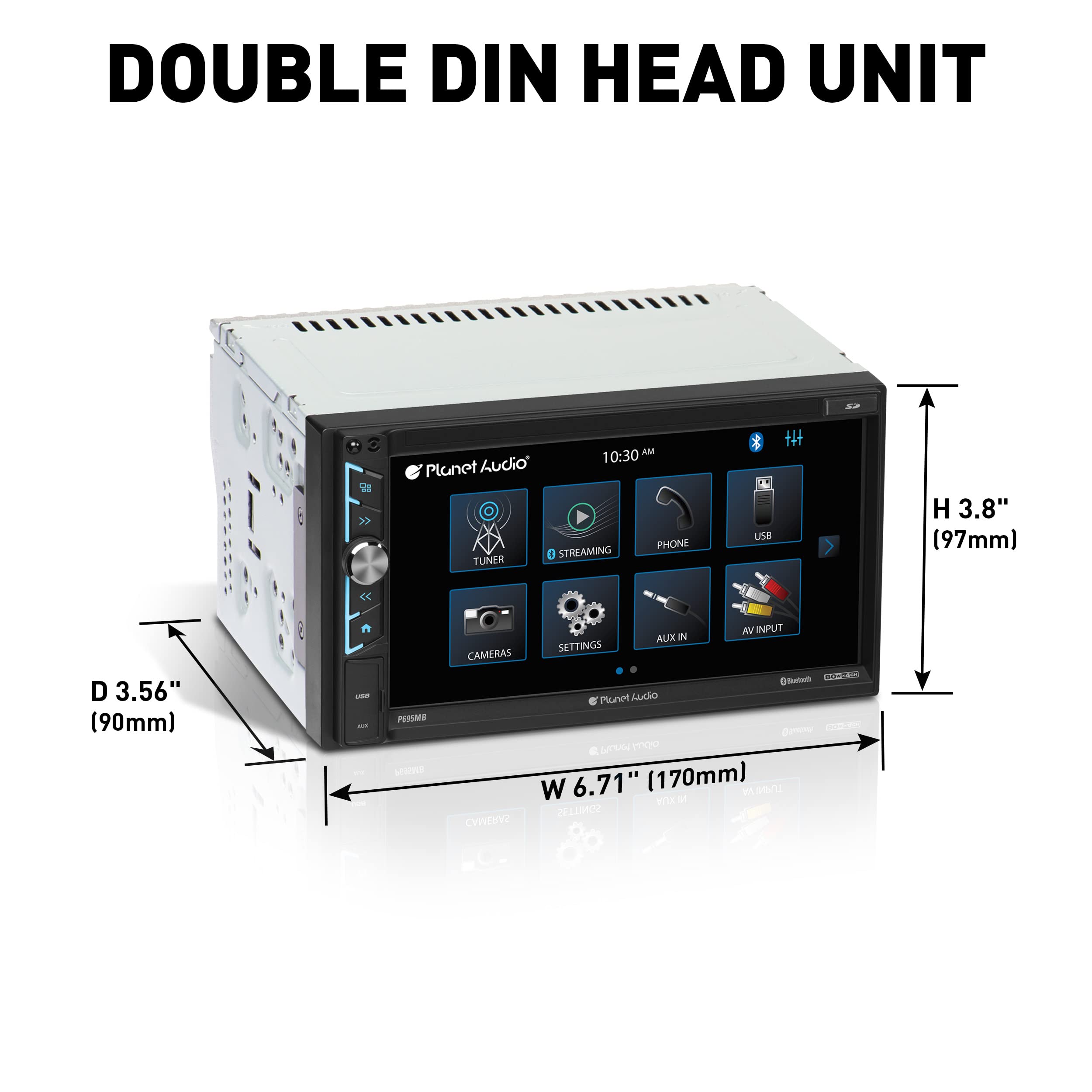 P695MBRC Planet Audio Car Stereo System - A-Link (Screen Mirroring), 6.95 Inch Double Din, Touchscreen, Bluetooth Head Unit, Radio Receiver, No CD Player, Backup Camera, Hook Up to Amplifier