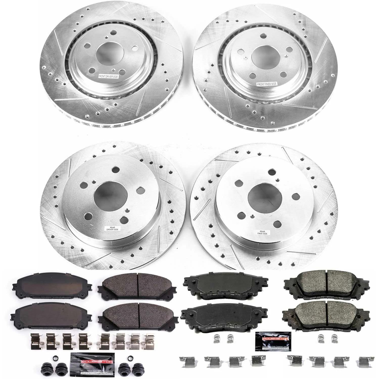 Power Stop K7605 Z23 Carbon Fiber Brake Pads Front and Rear with Drilled & Slotted Brake Rotors Kit