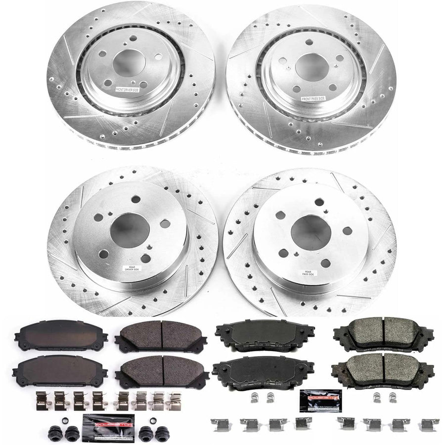 Power Stop K7605 Z23 Carbon Fiber Brake Pads Front and Rear with Drilled & Slotted Brake Rotors Kit