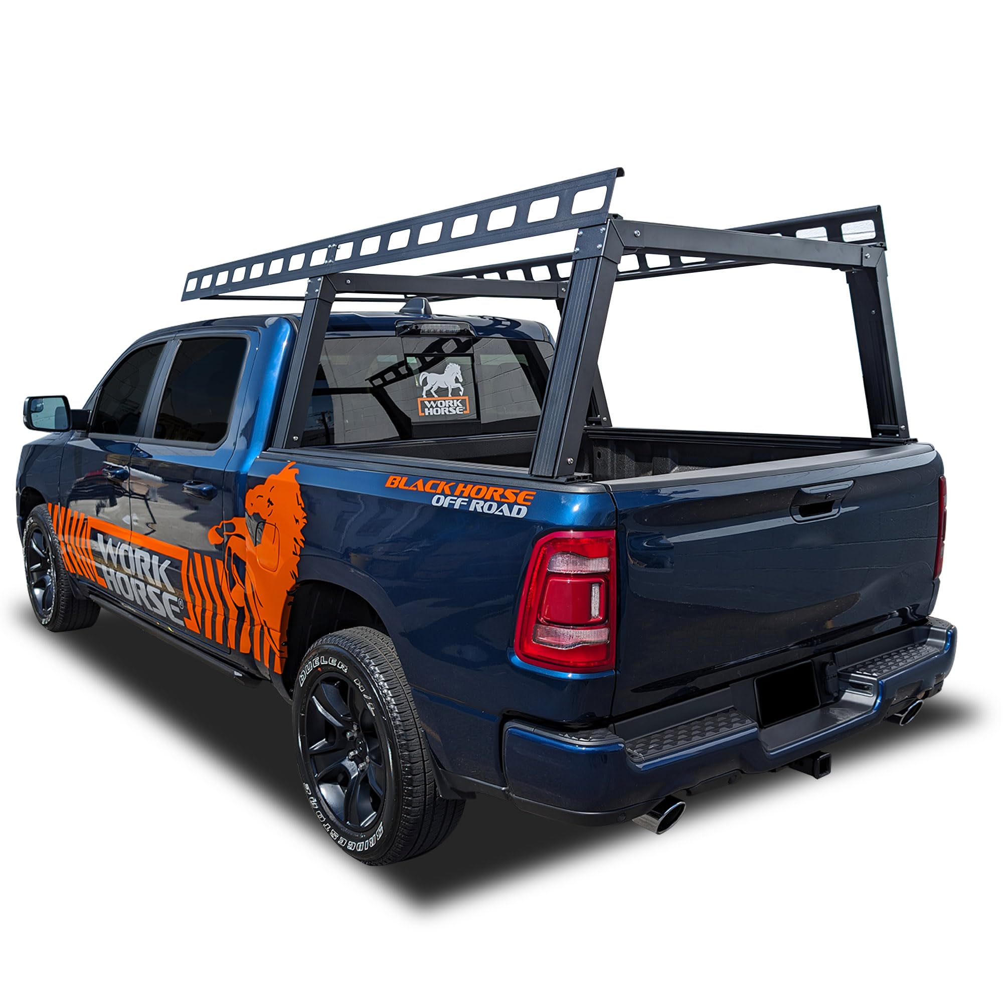 Heavy Duty Black Horse Ladder Rack Over Cab System 6.5' Bed Black Powder Coated Compatible with All 3/4-ton Trucks with 6.4ft to 6.7ft Bed Length Not Compatible with tonneau covers-CSFRHD65B