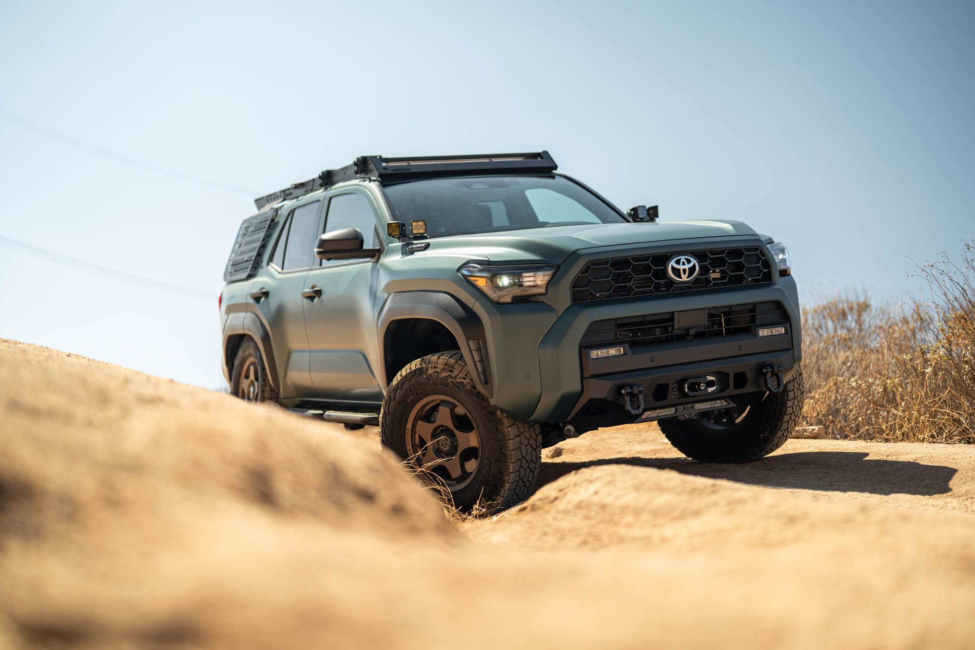 Centric Winch Front Bumper DV8 Offroad for 2025 Toyota 4Runner | Winch Mount | 20" Single Row Light Bar Mount | Pair of 3" Pod Light Mounts | (2) 1" Thick D-Ring Mounts | Powder Coated Finish | Steel