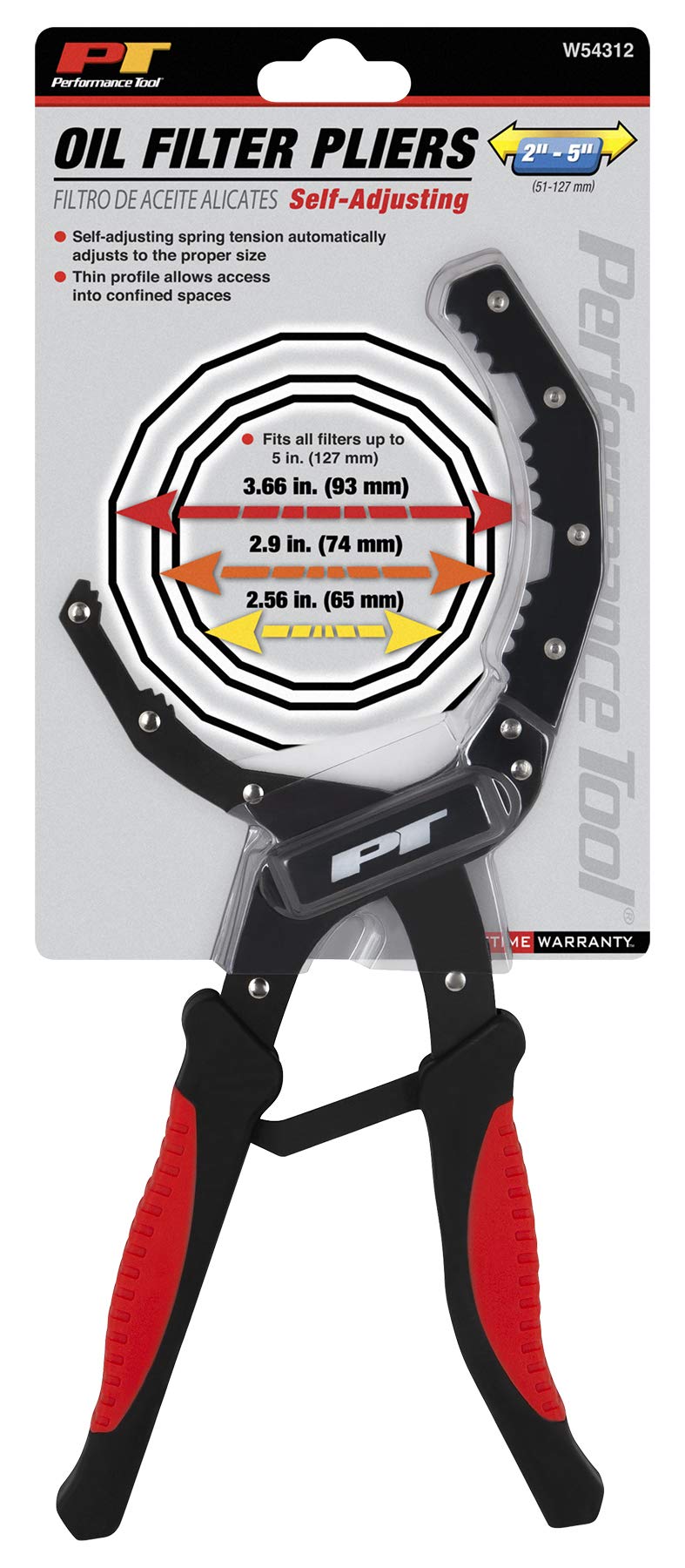 Self-Adjusting Performance Tool W54312 Oil Filter Plier with Wide Jaw Design for 2-5-Inch (51-127mm) Filters - Heavy Duty Steel Construction with Molded Grips