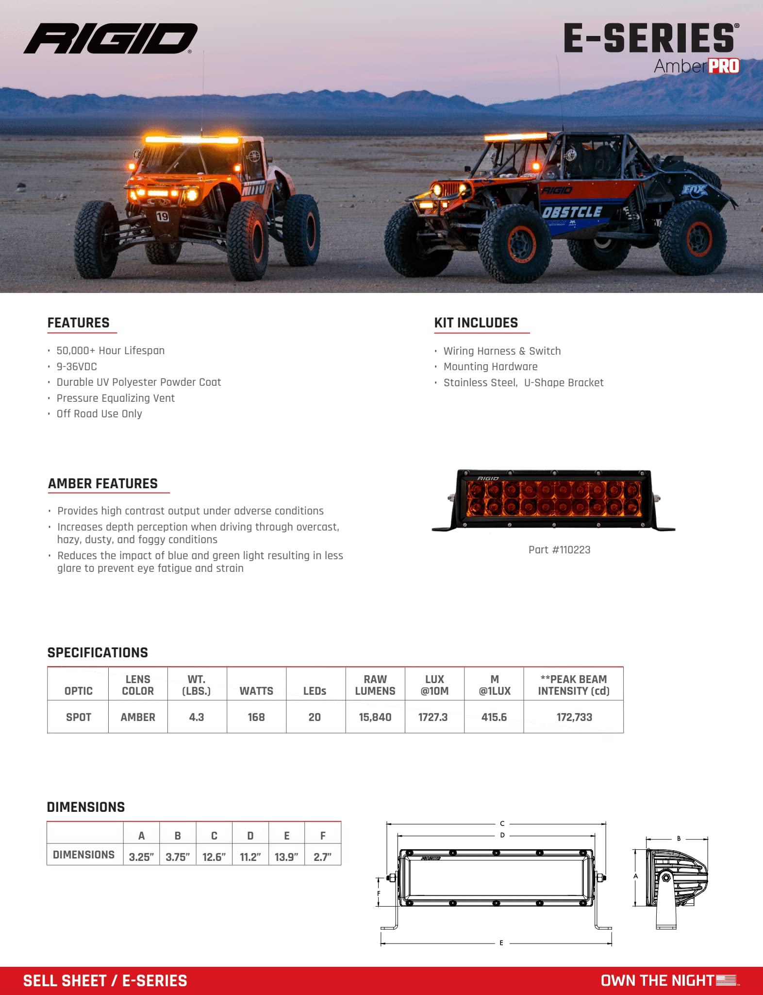 10 inch RIGID INDUSTRIES E-Series Spot Beam with Amber PRO Lens