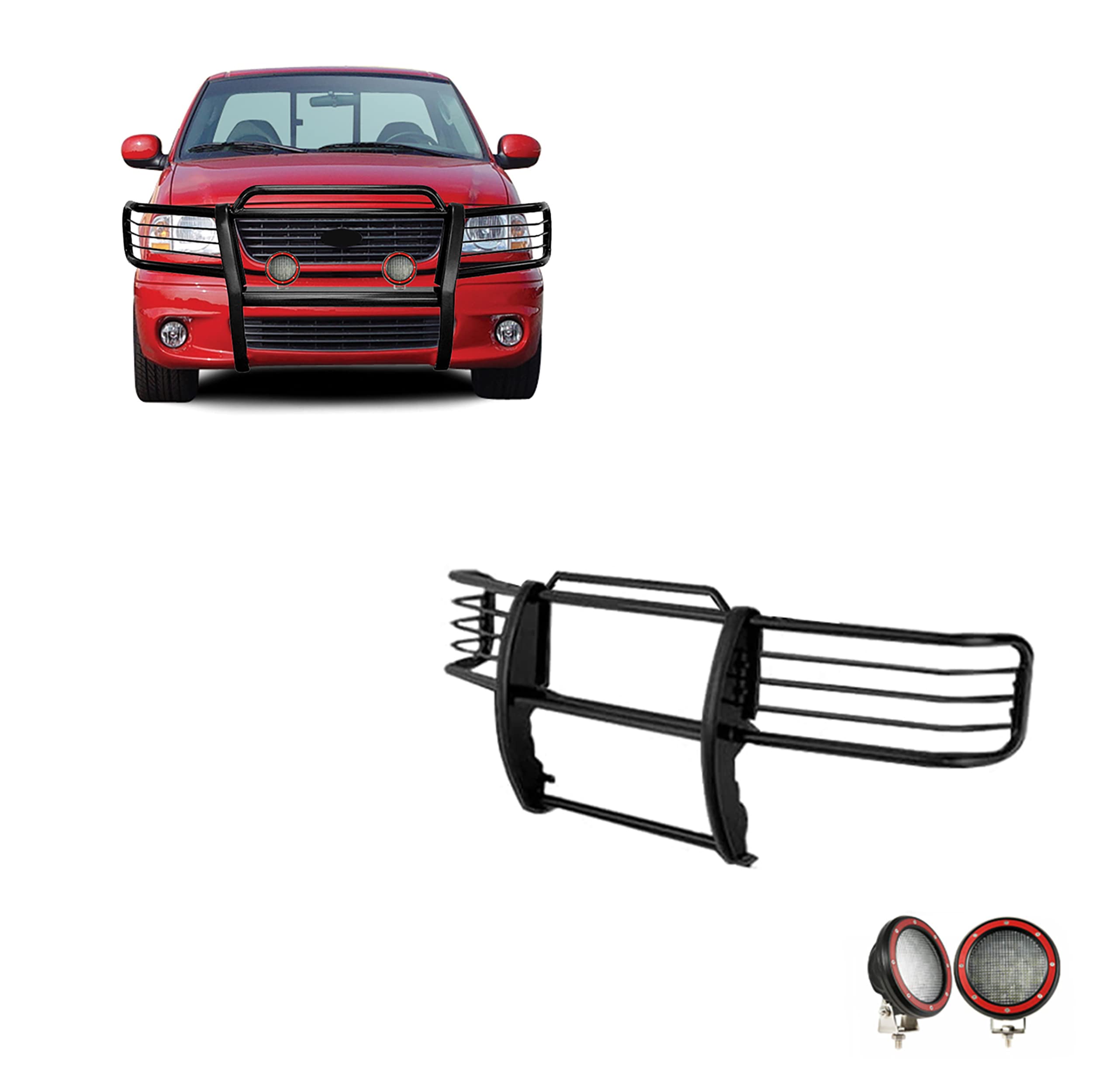 Bumper Guard Black Horse Grille Brush Modular Black Come with Pair of 5.3" Dia.LED Lights with Red Trim Rings Compatible with 1999-2002 Ford Expedition|1999-2004 Ford F-150-17FP26MA-PLFR