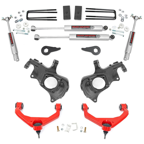 3.5" Lift Kit Rough Country w/N3 Shocks for Chevy Silverado & GMC Sierra 2500HD/3500HD (2011-2019 w/Factory Rear Overload Springs) - Red Control Arms