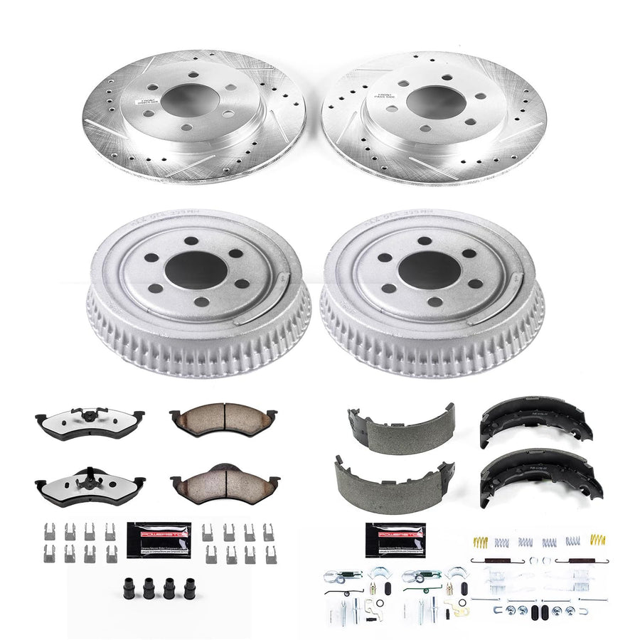 Power Stop Brake Kit Front and Rear For 2000 2001 2002 Dodge Dakota - Truck & Tow Carbon Fiber Ceramic Pads, Drums, & Drilled and Slotted Rotors Replacement, K15072DK-36