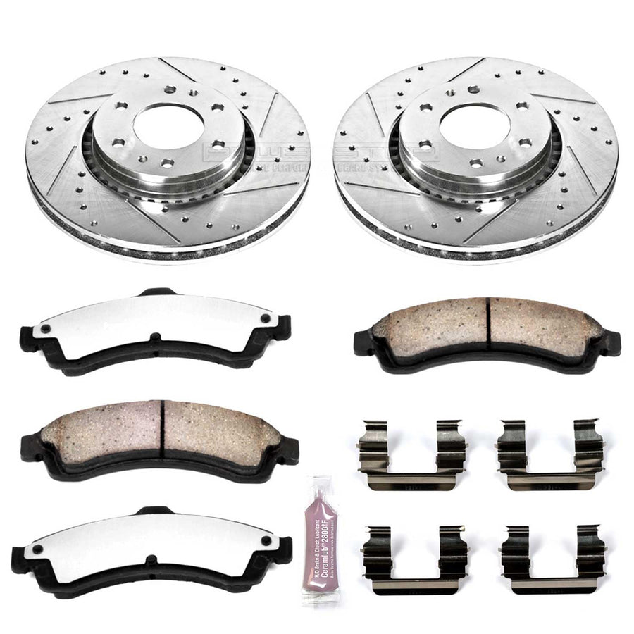 Power Stop Front Brake Kit For 2004 2005 Buick Rainier 2003 2004 2005 2006 Chevrolet SSR - Carbon Fiber Ceramic Brake Pads & Truck & Tow Drilled and Slotted Rotors Replacement, K2061-36