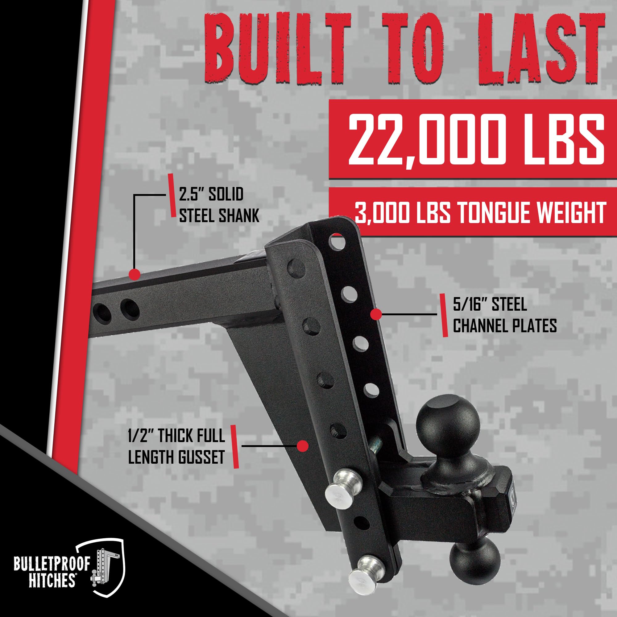 2.5" Adjustable BulletProof Hitches Heavy Duty Trailer Hitch (22,000 lb. Rating) - 8" Drop/Rise Trailer Hitch with 2" & 2-5/16" Dual Ball - Powder Coat, Solid Steel, Corrosion-Resistant