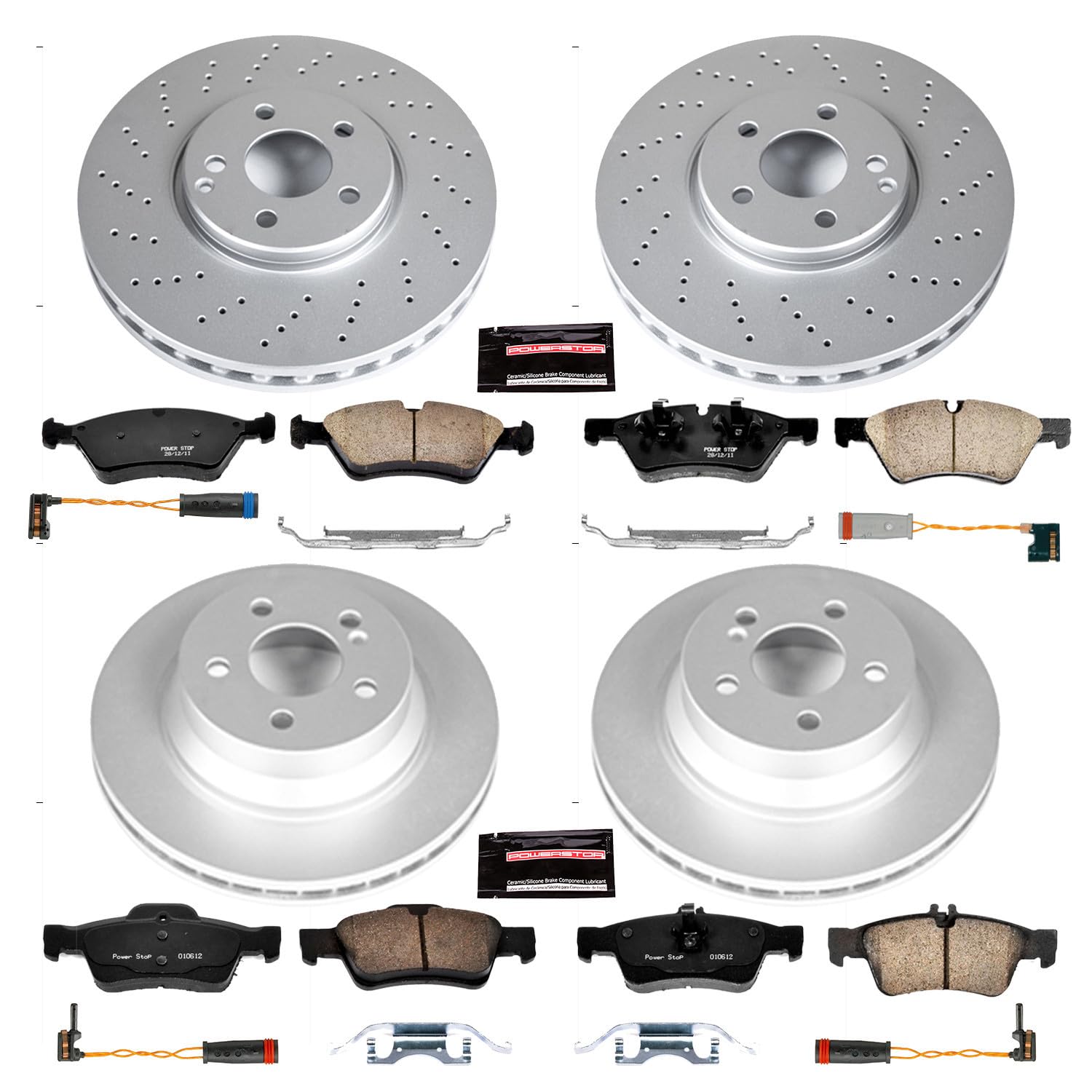 Power Stop CRK4516 Z23 Evolution Geomet Coated Brake Kit Front and Rear & 2 Front 2 Rear Sensor Wires For Mercedes-Benz E500 2006 [Model Specific]