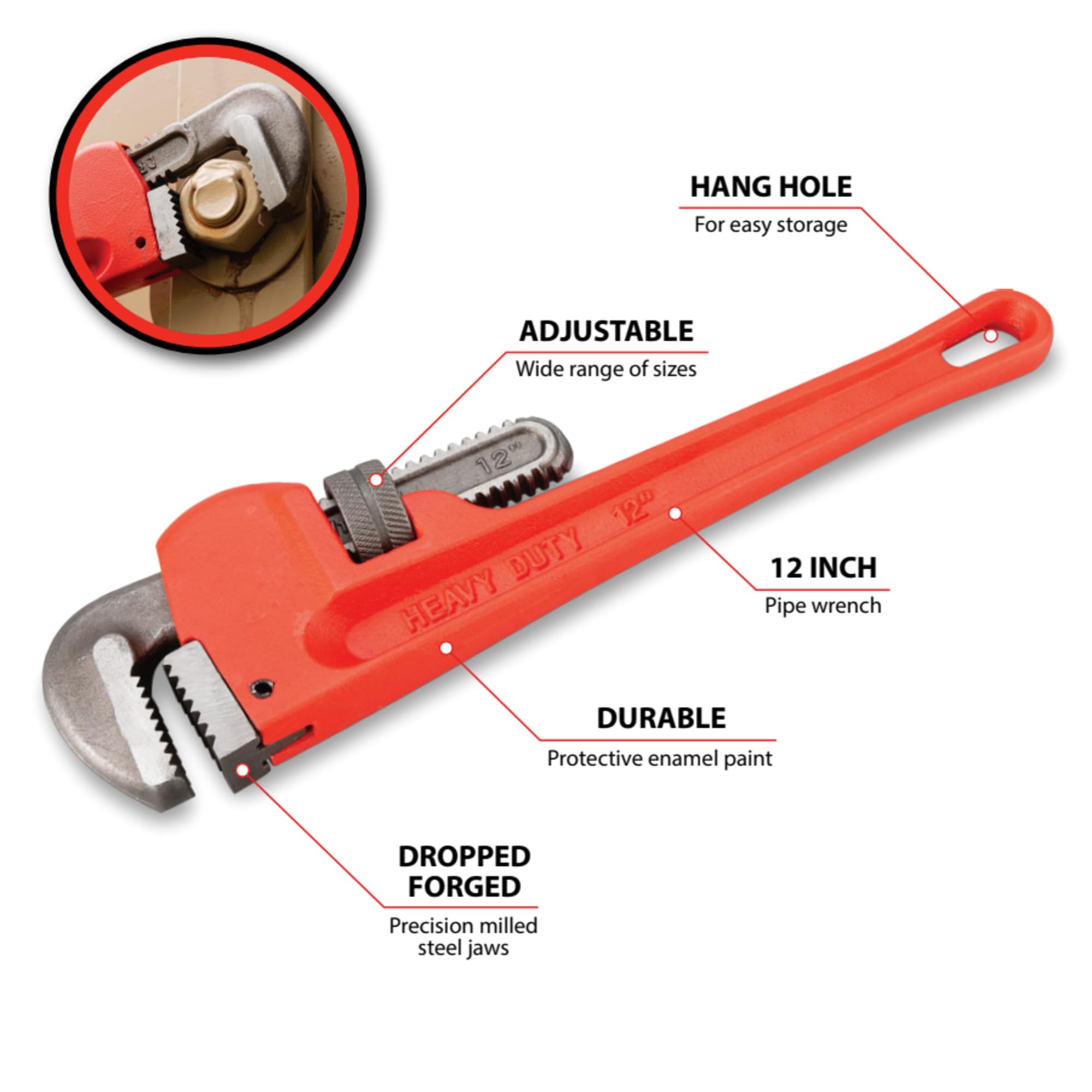 Heavy-Duty Performance Tool W1133-12B Adjustable Straight Pipe Wrench, 12-inch