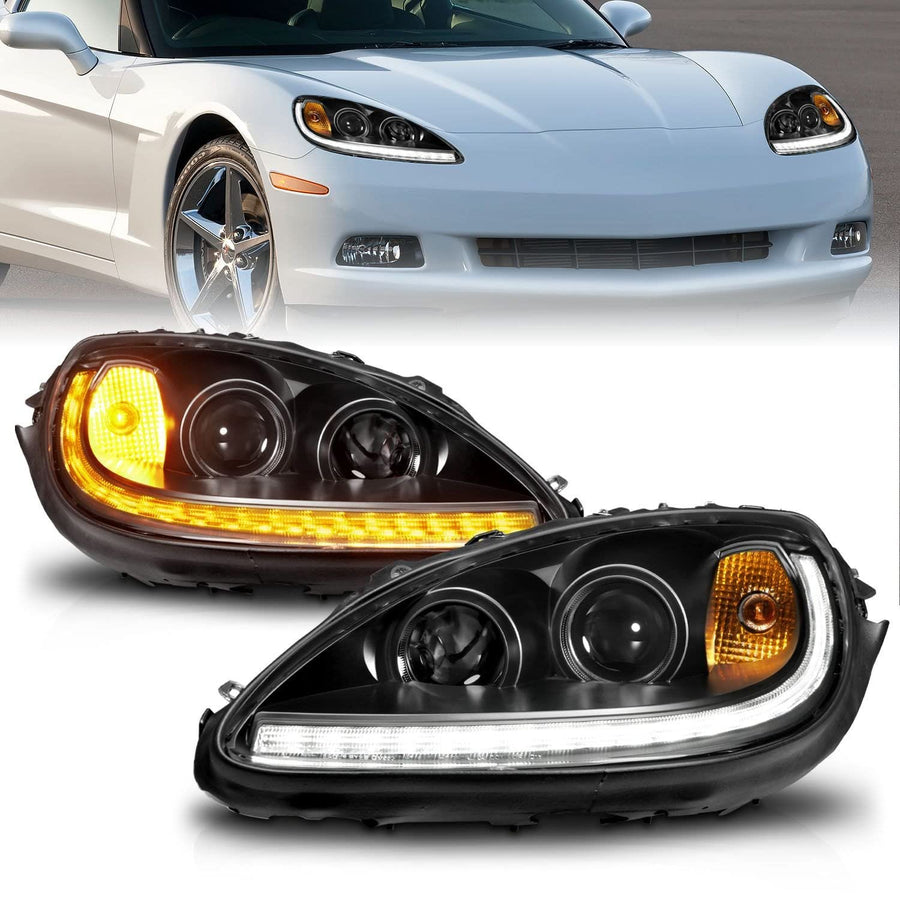 05-13 Chevrolet Corvette ANZO Projector Headlights w/Switchback & Sequential LED - Black Amber