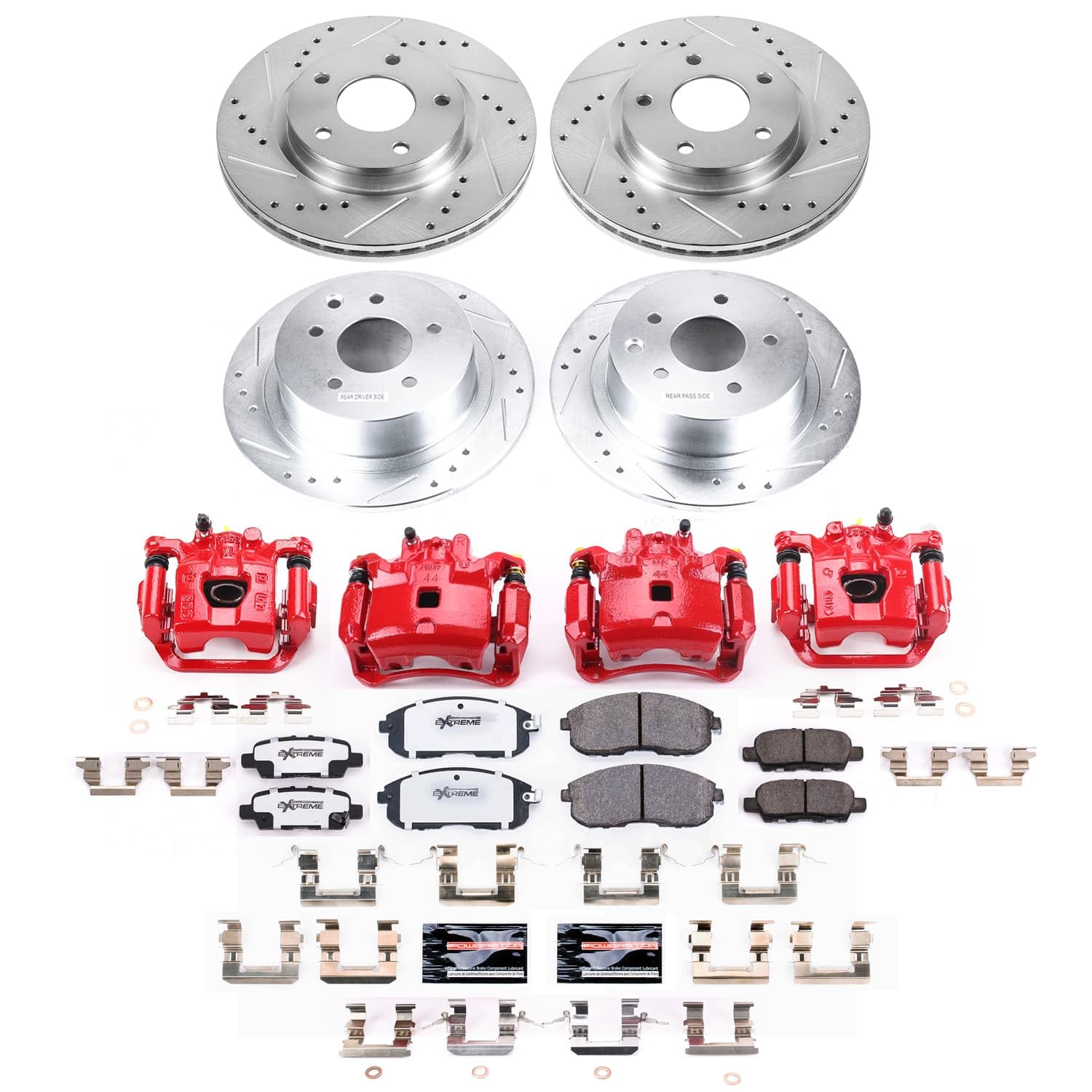 Power Stop Z26 KC8359-26 Brake Pads and Rotors Kit Front and Rear with Red Powder Coated Calipers For Nissan Sentra 2019 [Application Specific]