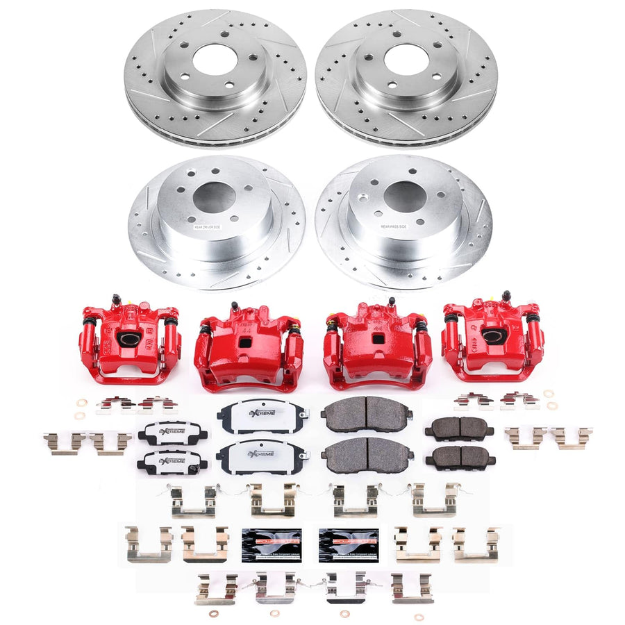 Power Stop Z26 KC8359-26 Brake Pads and Rotors Kit Front and Rear with Red Powder Coated Calipers For Nissan Sentra 2019 [Application Specific]