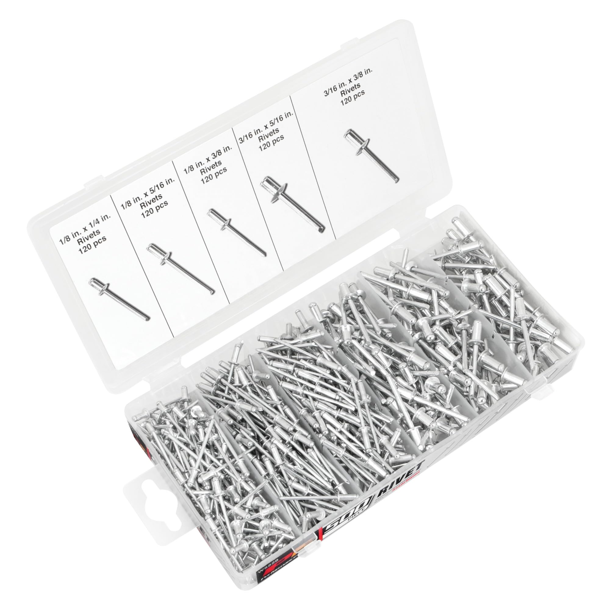 W5228 Performance Tool Aluminum Rivet Assortment Tool Set in a Re-Sealable Plastic Case, (500-Piece)