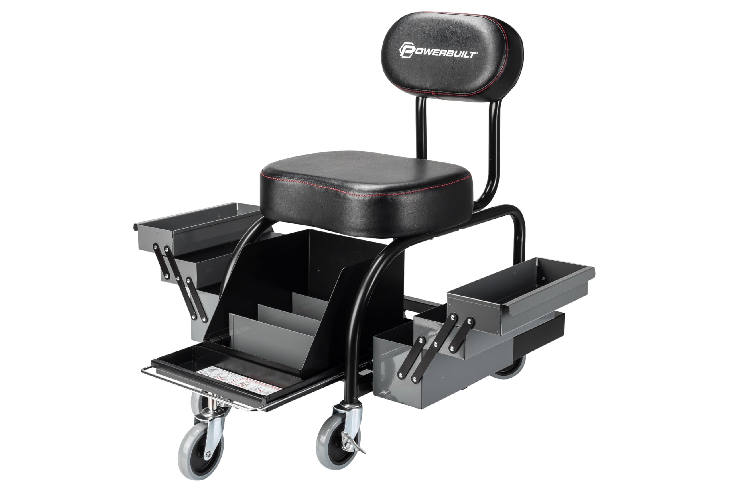 Powerbuilt Professional Roller Seat Mechanics, Heavy Duty Padded Detailer Seat and Backrest, Sliding Storage Drawers, Tool Tray, Can Holders, 4-Inch Swivel Wheels