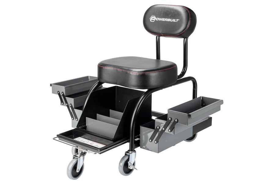 Powerbuilt Professional Roller Seat Mechanics, Heavy Duty Padded Detailer Seat and Backrest, Sliding Storage Drawers, Tool Tray, Can Holders, 4-Inch Swivel Wheels
