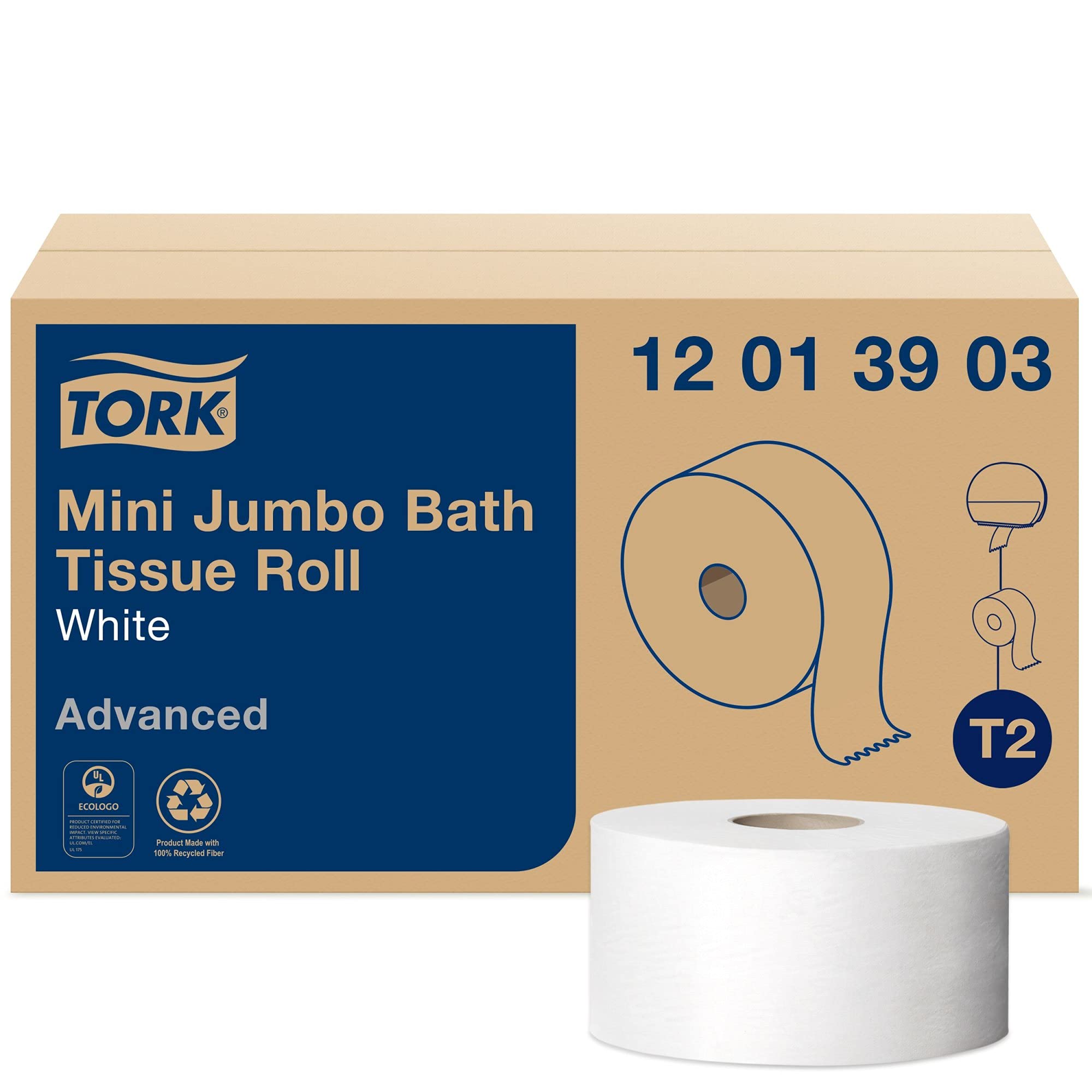 Tork Toilet Paper Roll Mini Jumbo White T2, Advanced, 1-Ply, 12 x 1200', 12013903