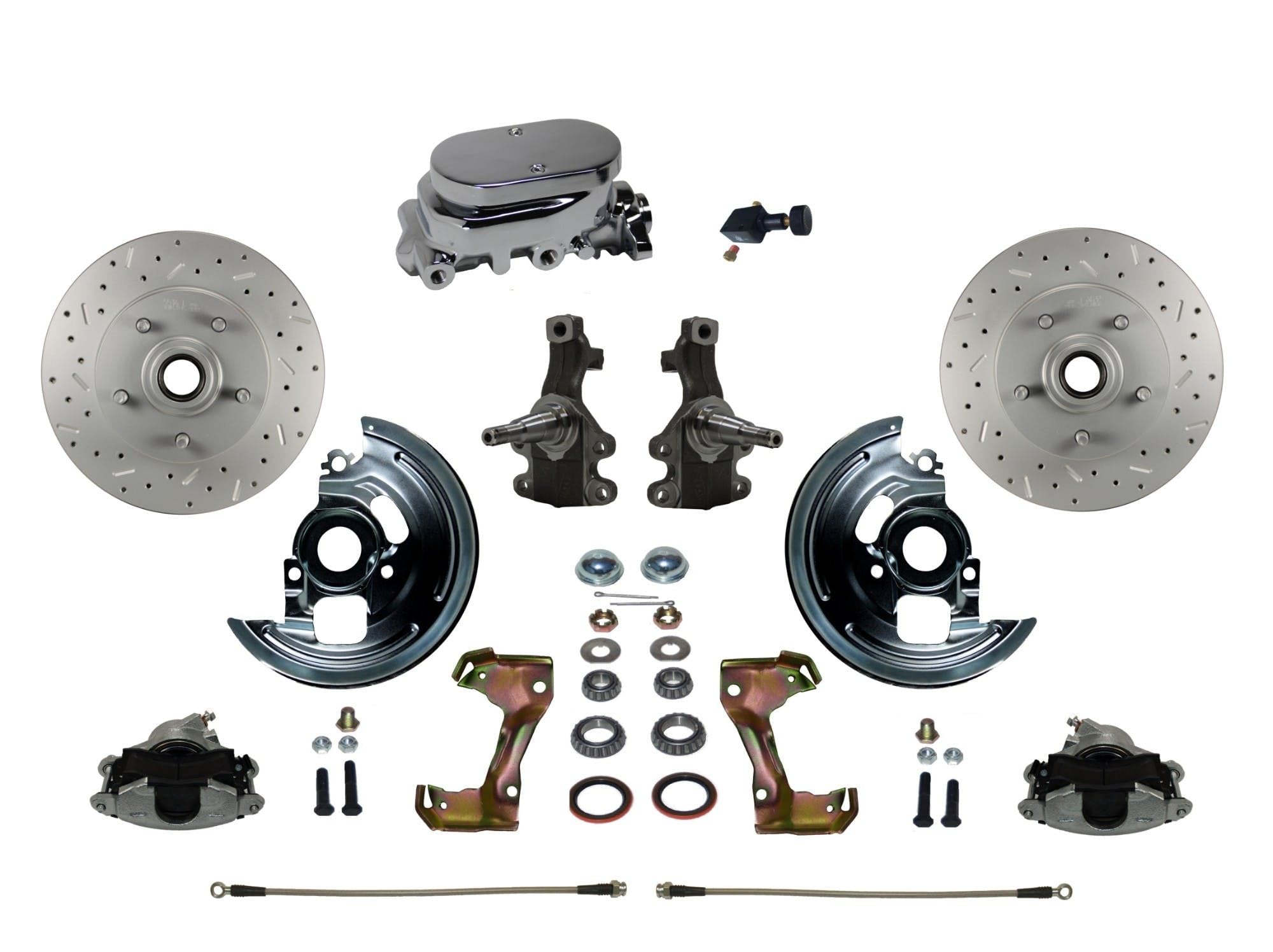BRAKES LEED Manual Front Disc Brake Conversion 2" Drop Spindle Cross Drilled And Slotted With Chrome Aluminum Flat Top M/C Adjustable Proportioning Valve