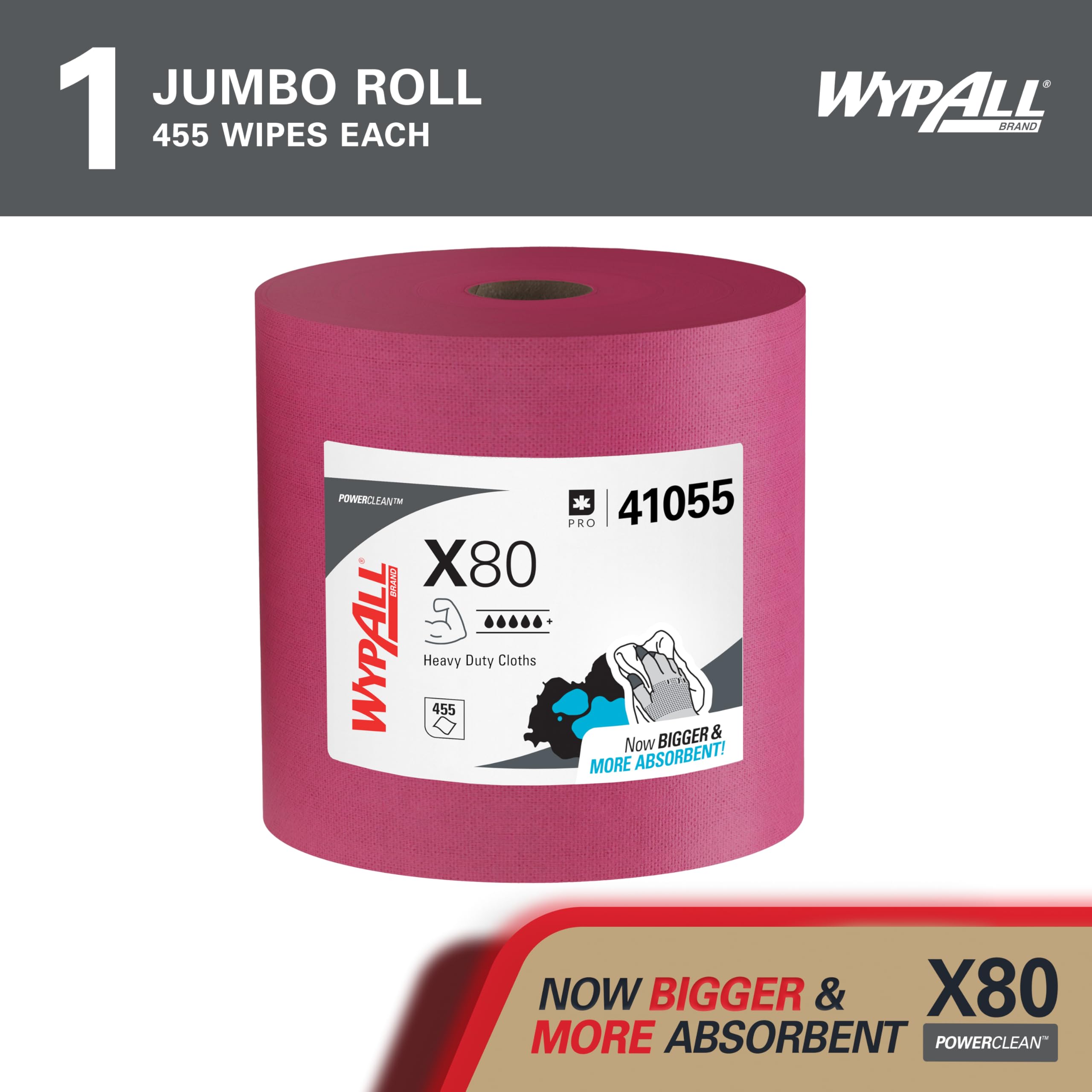 WypAll X80 PowerClean Cloths Heavy Duty Wipes (41055), Jumbo, Extended Use Towels, Red (1 Roll of 455 Sheets, 455 Sheet Total)
