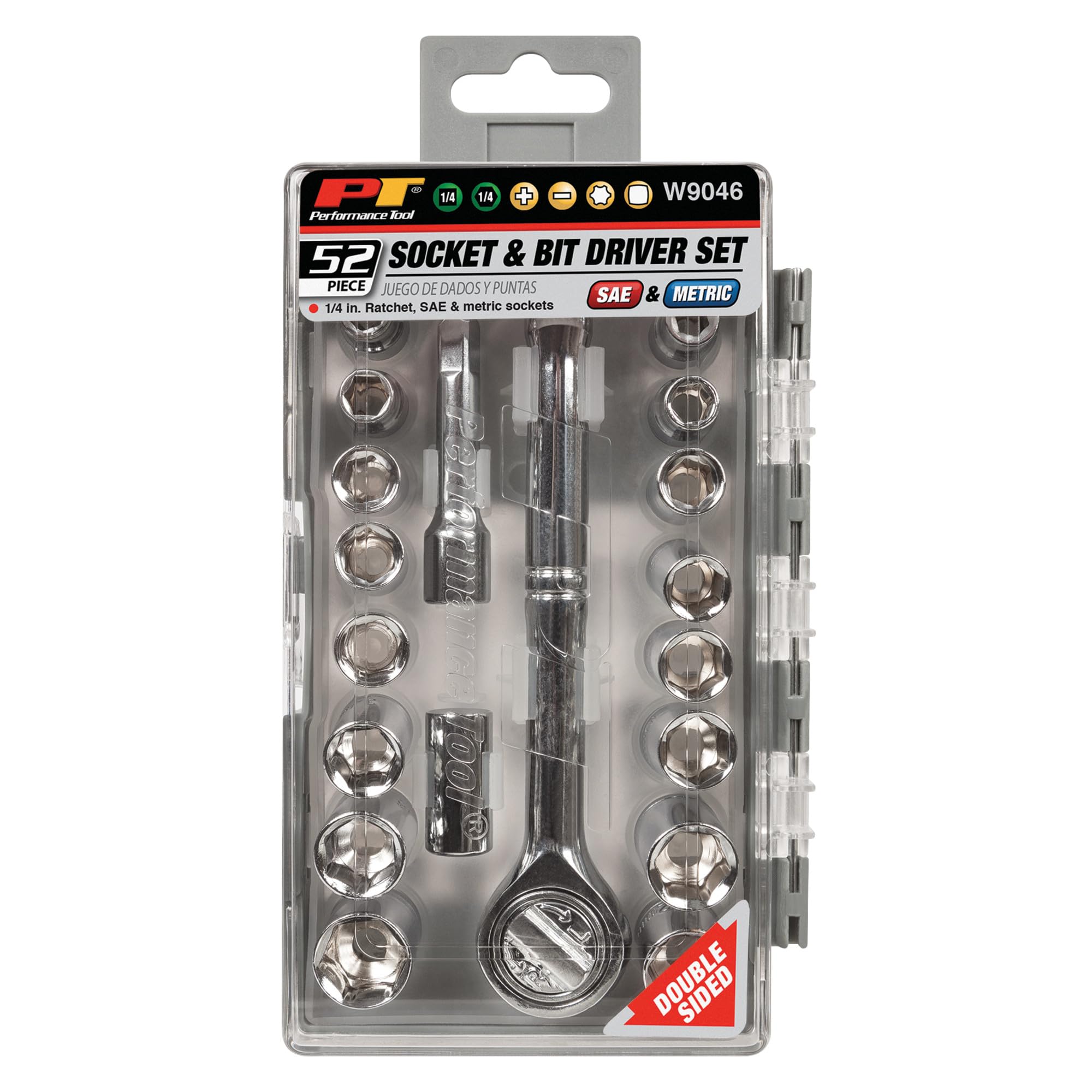 W9046 Performance Tool 52pc Socket and Bit Driver Set with 1/4-Inch Drive Ratchet, SAE and Metric Sockets, and Assorted CR-V Bits in Flip Case