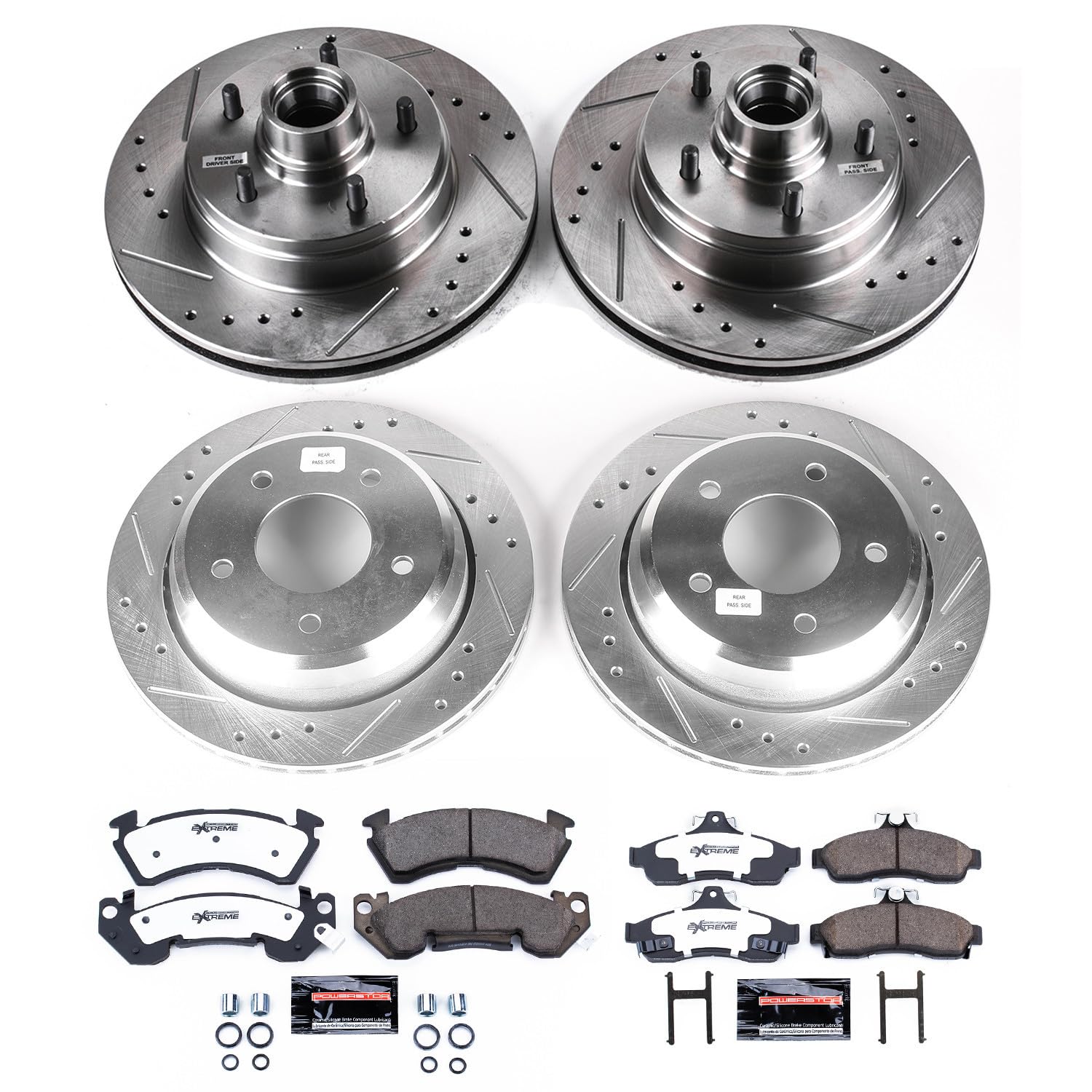 Power Stop K4338 Z23 Carbon Fiber Brake Pads Front and Rear with Drilled & Slotted Brake Rotors Kit For Chevrolet Impala 1994-1996 [Model Specific]