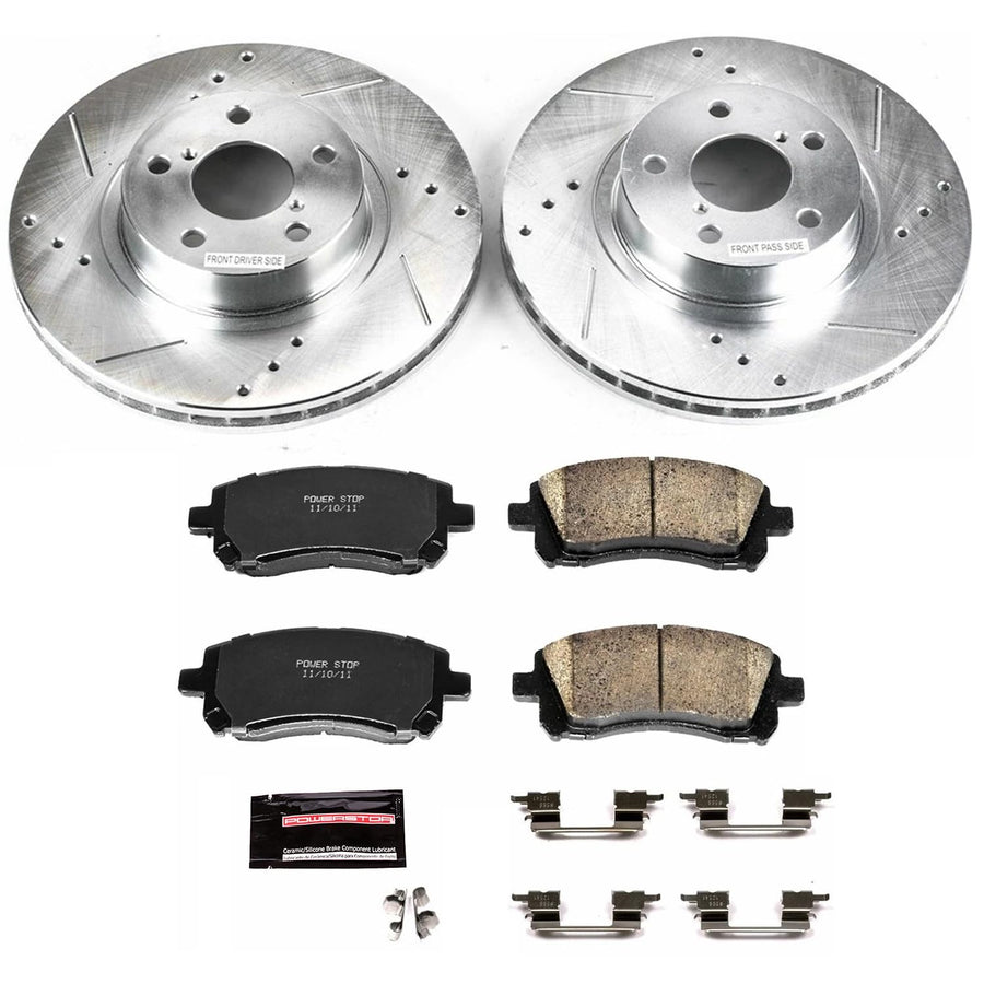 Power Stop K1120 Z23 Carbon Fiber Brake Pads Front with Drilled & Slotted Brake Rotors Kit For Subaru Forester, Subaru Impreza, Subaru Legacy, Subaru Out [Model Specific]