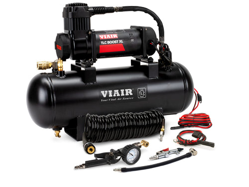 VIAIR Air Compressor TLC BOOST XL Source Kit – 150 PSI Tire Inflator with 2 Gallon Tank, Blow Gun, Inflation Tips, Presta Valve Chuck & 30ft Coil Hose – For Air Tools, DIY Projects & Mobile Shops