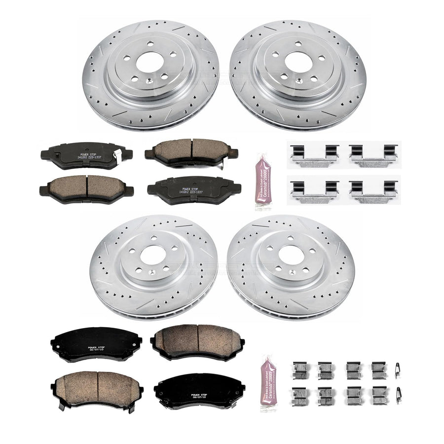Power Stop K4135 Z23 Carbon Fiber Brake Pads Front and Rear with Drilled & Slotted Brake Rotors Kit For Cadillac CTS 2008-2014 [Model Specific]