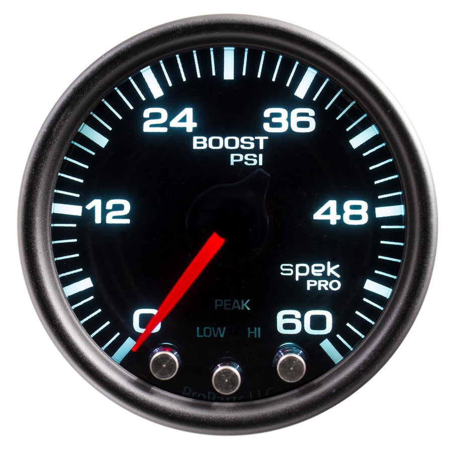 AutoMeter P30452 Boost Gauge (Spek-Pro 2 1/16", 60Psi, Stepper Motorwith Peak & Warn, Blk/Smoke/Black, Spek-Pro)