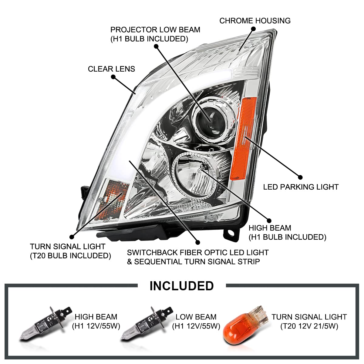 Chrome LED Switchback Projector Headlights SPEC-D TUNING Compatible with 2008-2014 Cadillac CTS, Left + Right Pair Headlamps Assembly