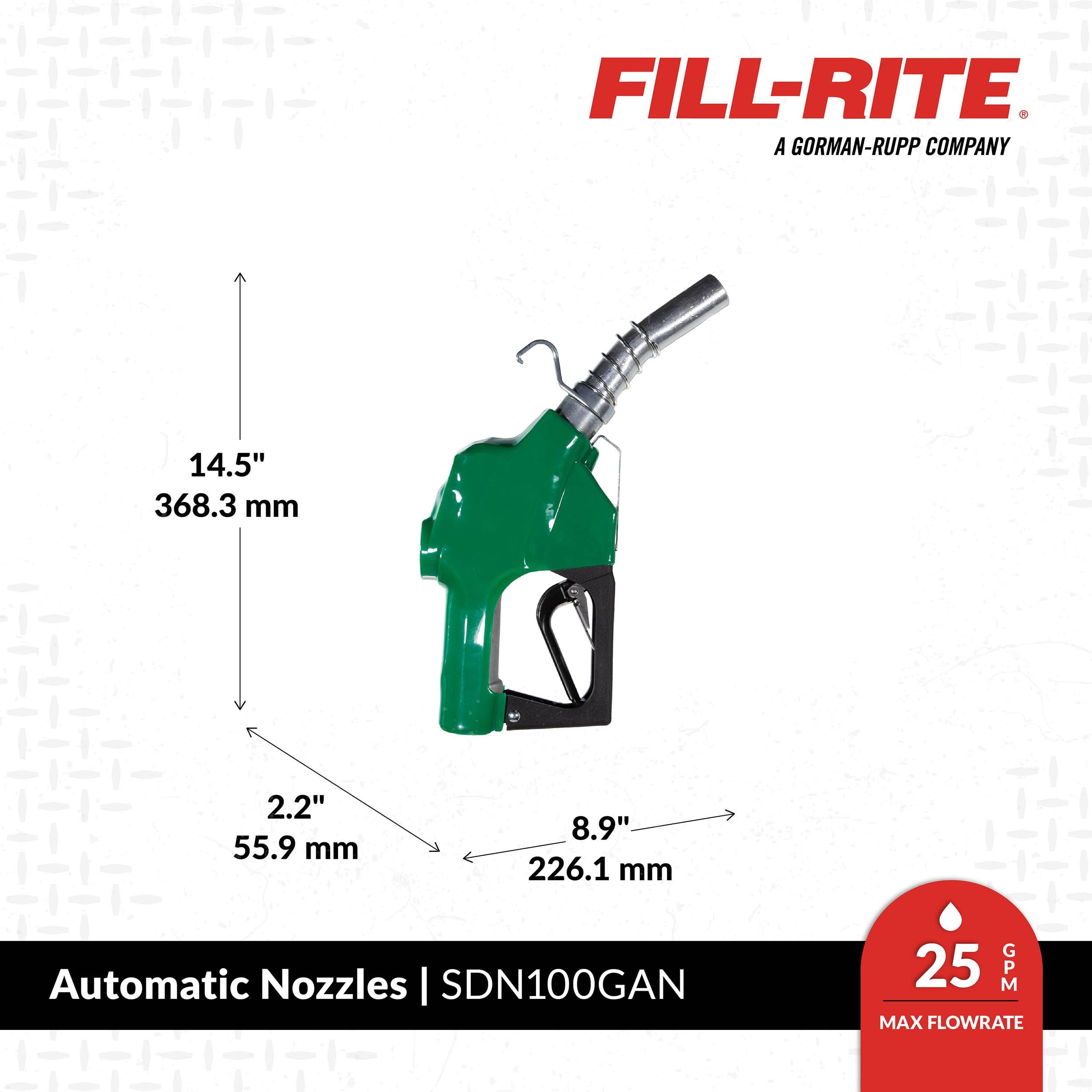Fill-Rite 1” SDN100GAN 5 to 25 GPM Automatic Standard Duty Fuel Transfer Nozzle, Green - For Gasoline, Diesel, Biodiesel up to B20, E15 & Kerosene