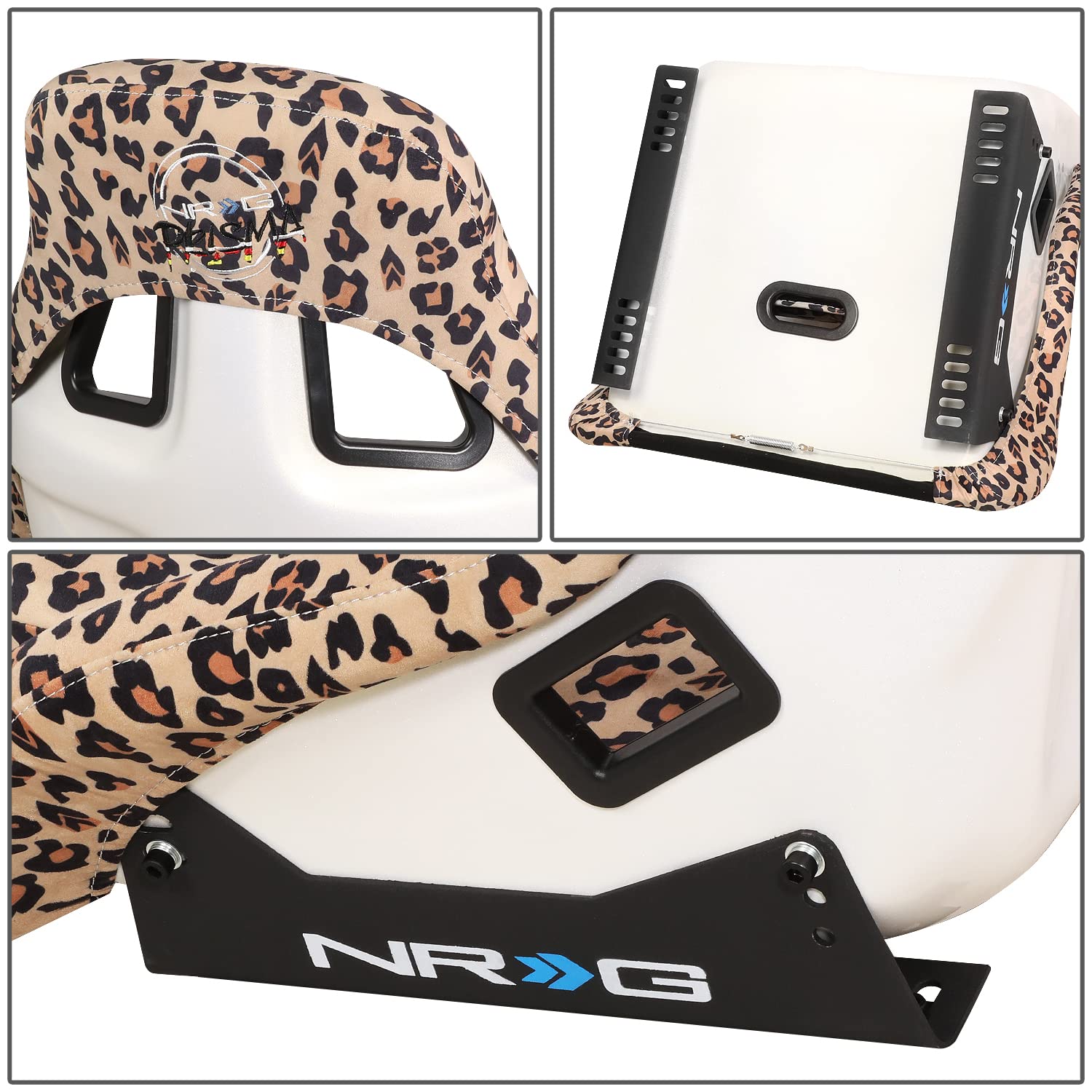 NRG Innovations Prisma Fixed Back Bucket Racing Seat NRG-FRP-302-BR-SAVAGE with Bottom Mount Bracket, Brown Savage Leopard Print Fabric/White Pearl Back