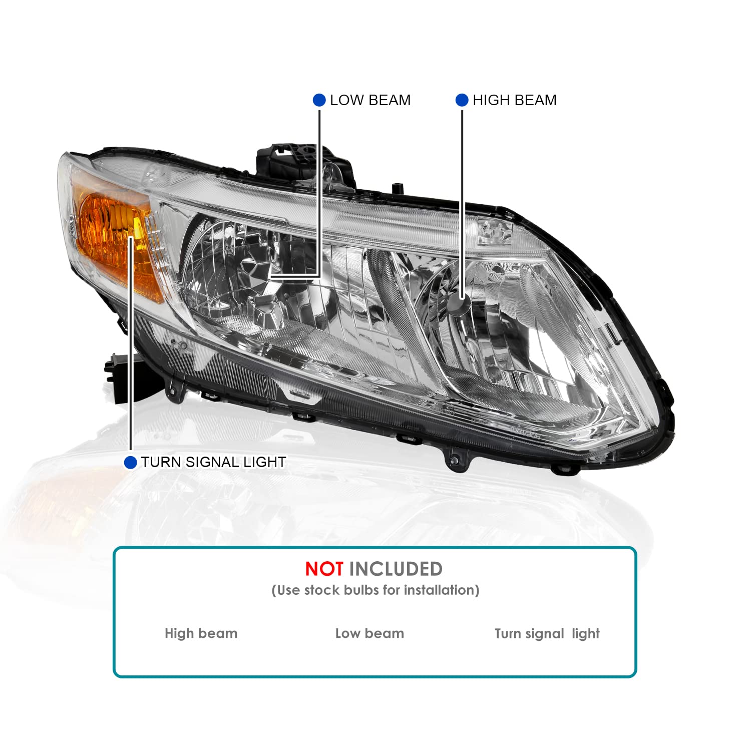 Chrome Headlights SPEC-D TUNING Compatible with 2012-2015 Honda Civic Sedan, 2012-2013 Civic Coupe L+R Pair Head Light Lamp Assembly