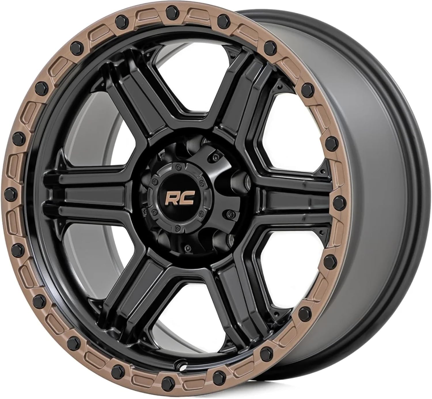 79 Series Rough Country One Piece Aluminum Wheel - 18x9, 6x5.5" Bolt Pattern, +18mm Offset, Stylish 6-Spoke Design, Semi-Gloss Black w/Bronze Ring