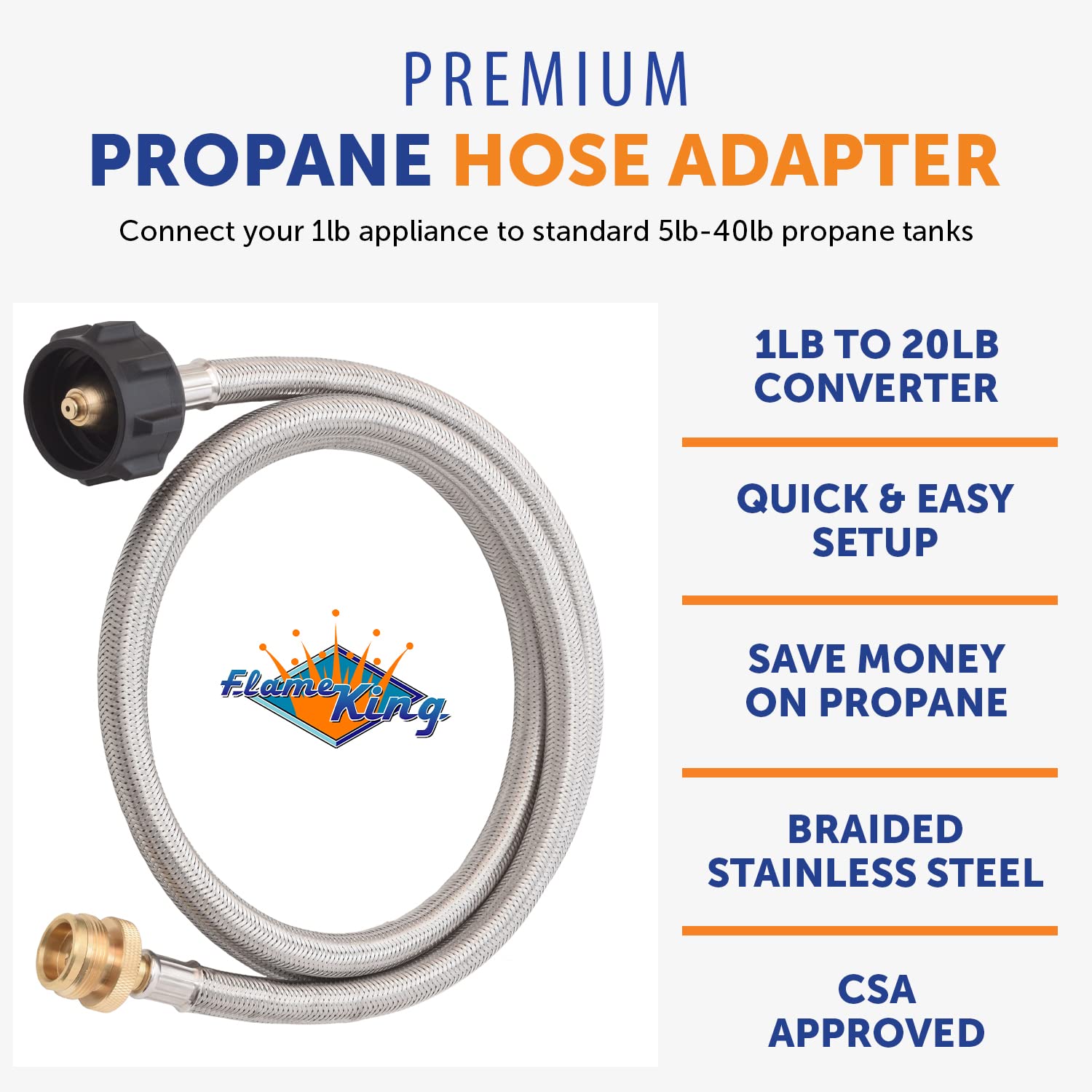 5-FT Flame King Steel Braided Hose, 1 lb to 20 lb Propane Tank Adapter, Connects Portable Appliances to Standard Propane Tanks with QCC1/Type1 Tank