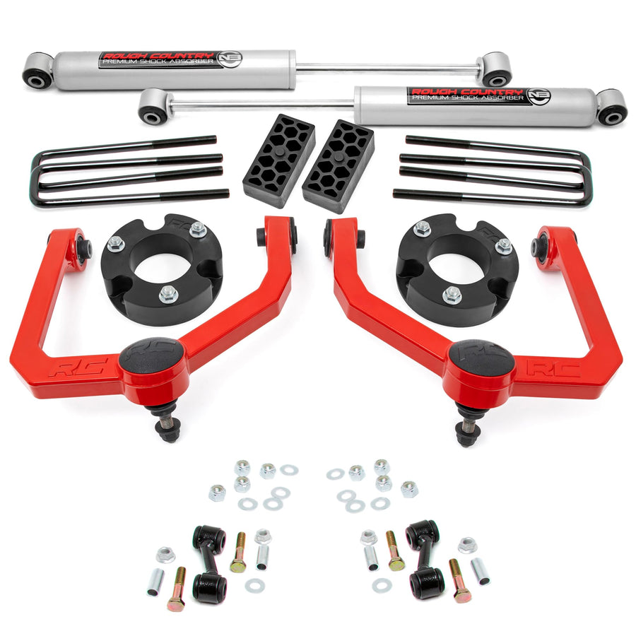 3" Rough Country Suspension Lift Kit for Nissan Titan 2WD/4WD (2004-2024) - Wheel Spacers & N3 Rear Shocks, Red Control Arms
