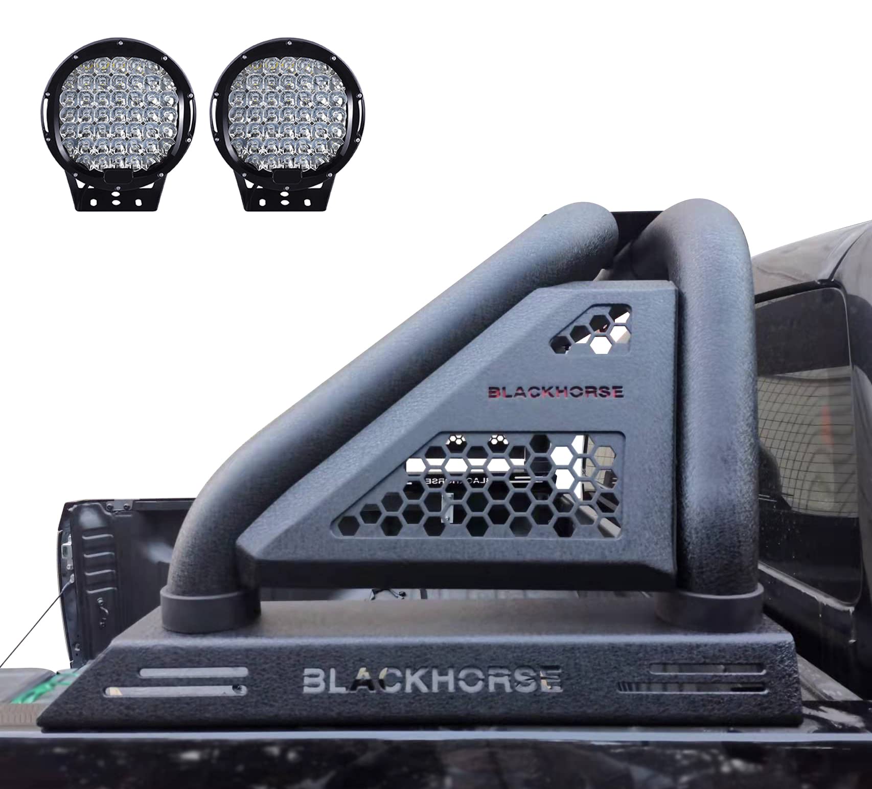 Classic PRO Black Horse Roll Bar Incl.Set of 9 Black Round LED Light Modular Textured Compatible with Tonneau Covers Fits 2015-2024 GMC Canyon|2015-2024 Chevrolet Colorado-RB05MT-PL69B