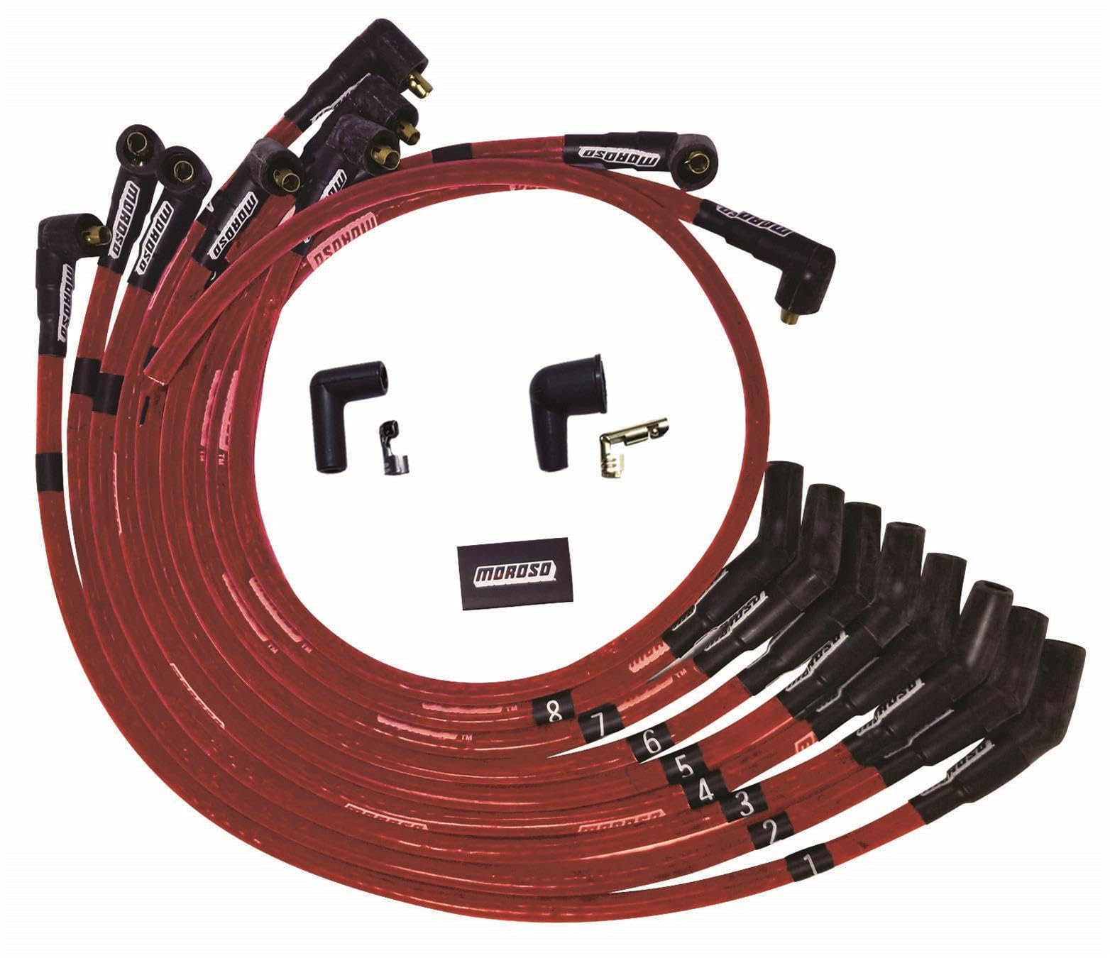 Moroso Ultra Series 52571 Sleeved Red Spark Plug Wires, Small Block Ford 289-302, 135 Degree Plug Ends, Non HEI Distributor
