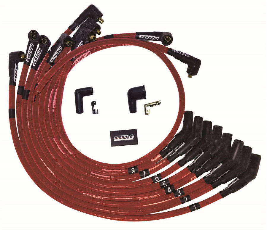Moroso Ultra Series 52571 Sleeved Red Spark Plug Wires, Small Block Ford 289-302, 135 Degree Plug Ends, Non HEI Distributor
