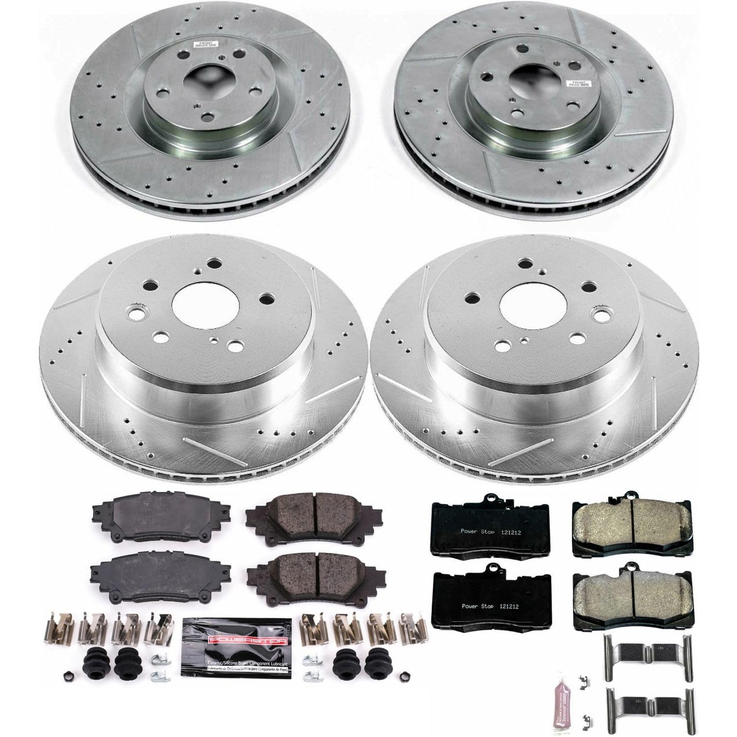 Front & Rear Brake Kit PowerStop For Lexus GS350 2013-2020, GS450h 2013-2018, IS300 2016-2020, IS350 2014-2020, RC350 2015-20 - Drilled and Slotted Disc Rotors & Ceramic Brake Pads Replacement, K6513