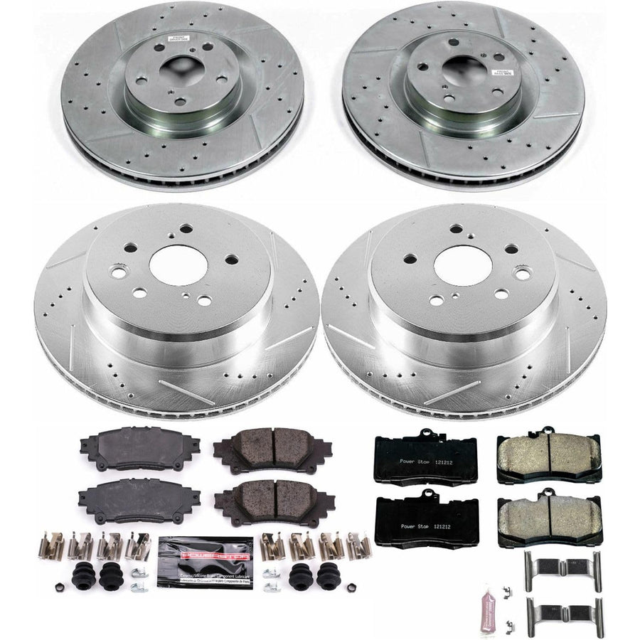 Front & Rear Brake Kit PowerStop For Lexus GS350 2013-2020, GS450h 2013-2018, IS300 2016-2020, IS350 2014-2020, RC350 2015-20 - Drilled and Slotted Disc Rotors & Ceramic Brake Pads Replacement, K6513
